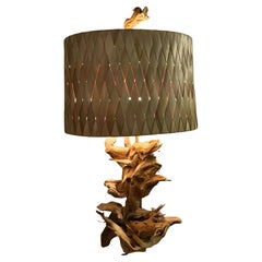 1950s Cyprus / Driftwood lamp with original Sabutan Palm Shade and finial