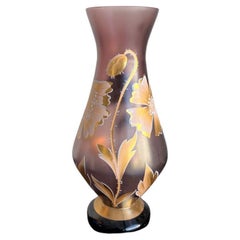 Vaso in vetro artistico ceco del 1950 dipinto a mano con smalto oro
