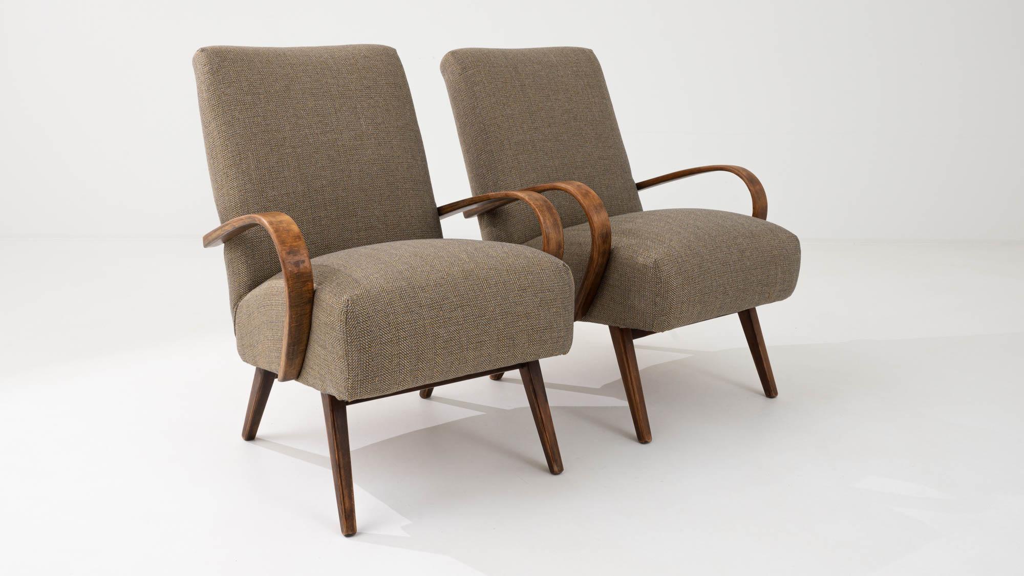1950s Czech Beige Upholstered Armchairs, a Pair For Sale 5