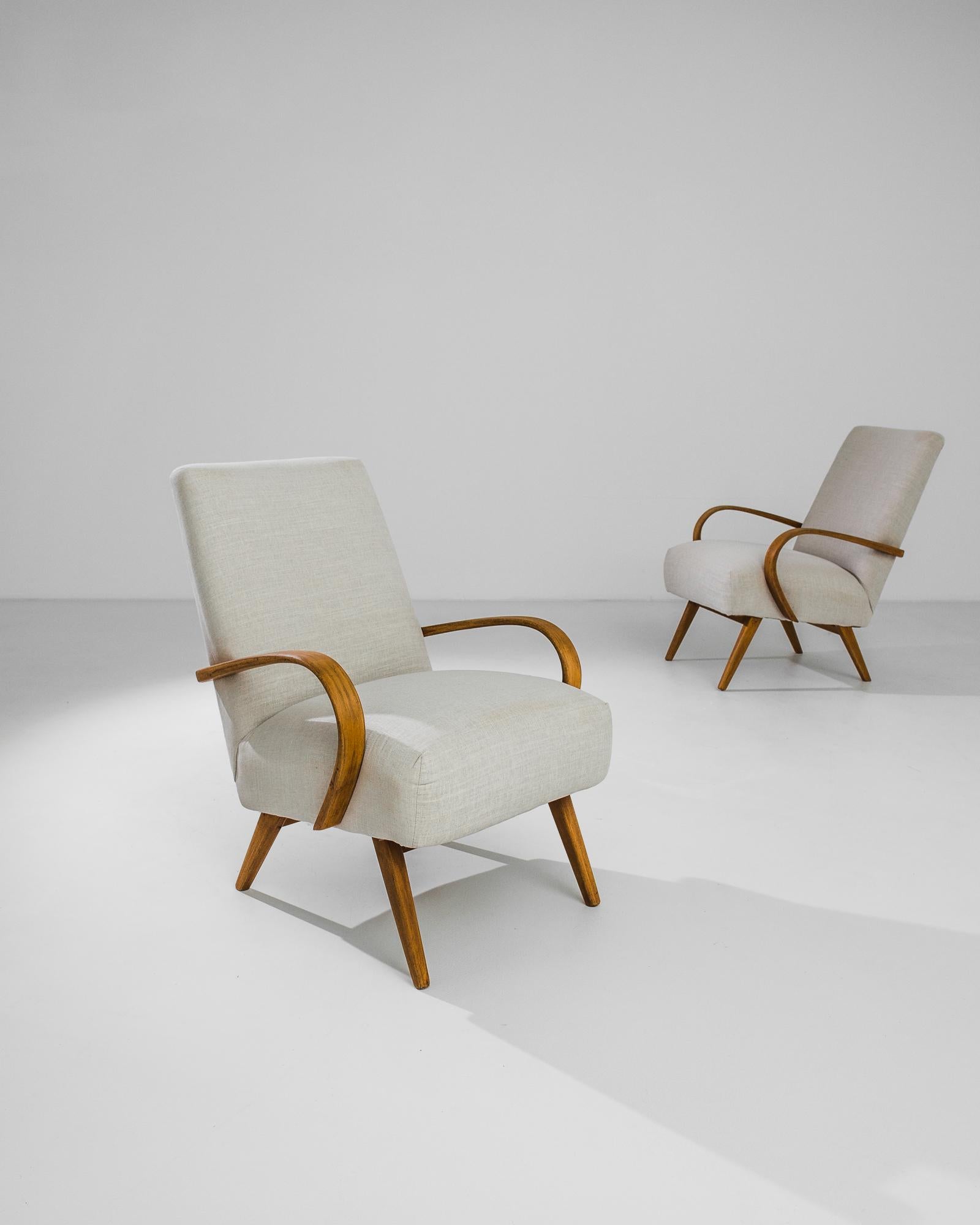Mid-Century Modern 1950s Czech Beige Upholstered Armchairs, a Pair