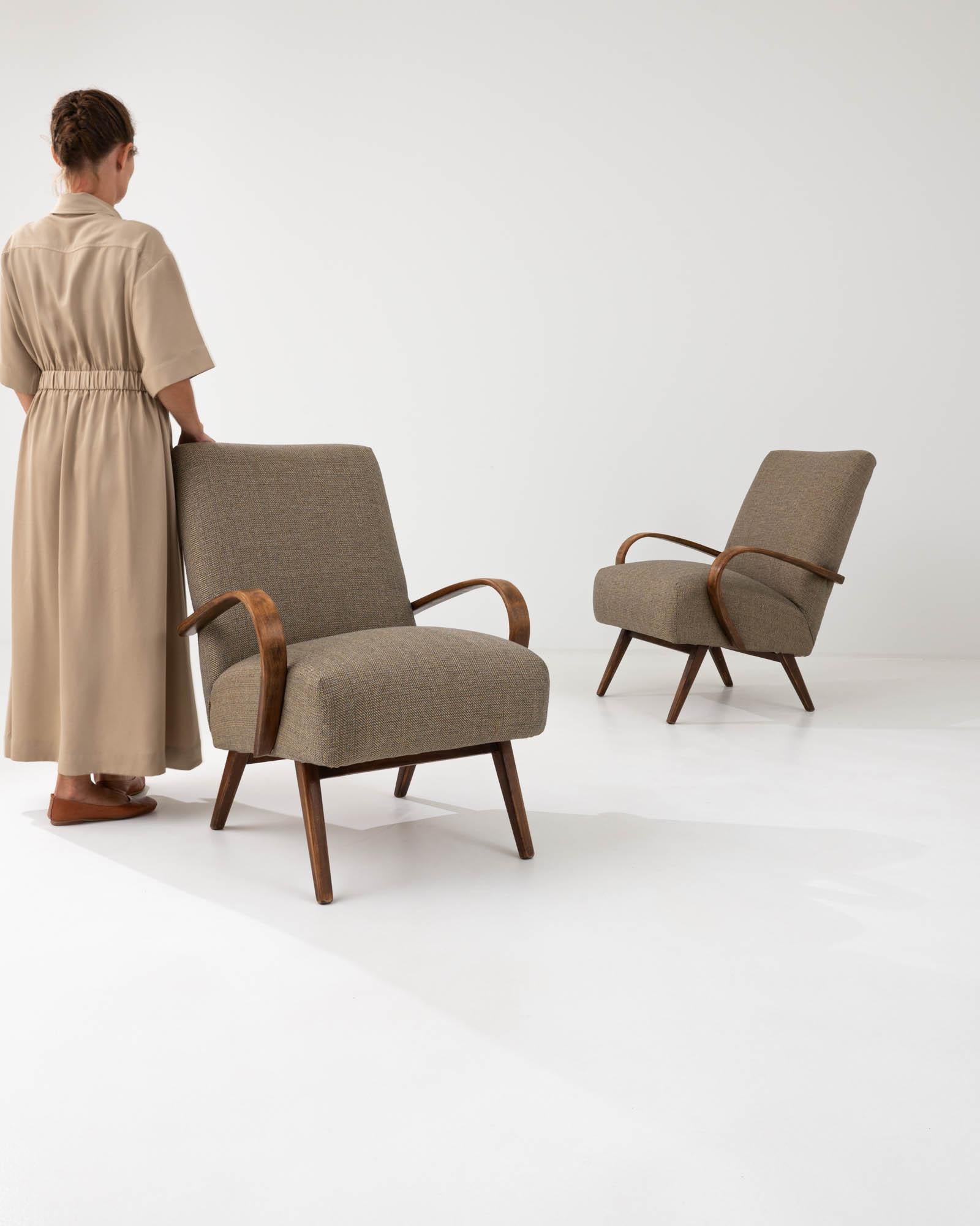 Mid-Century Modern 1950s Czech Beige Upholstered Armchairs, a Pair For Sale