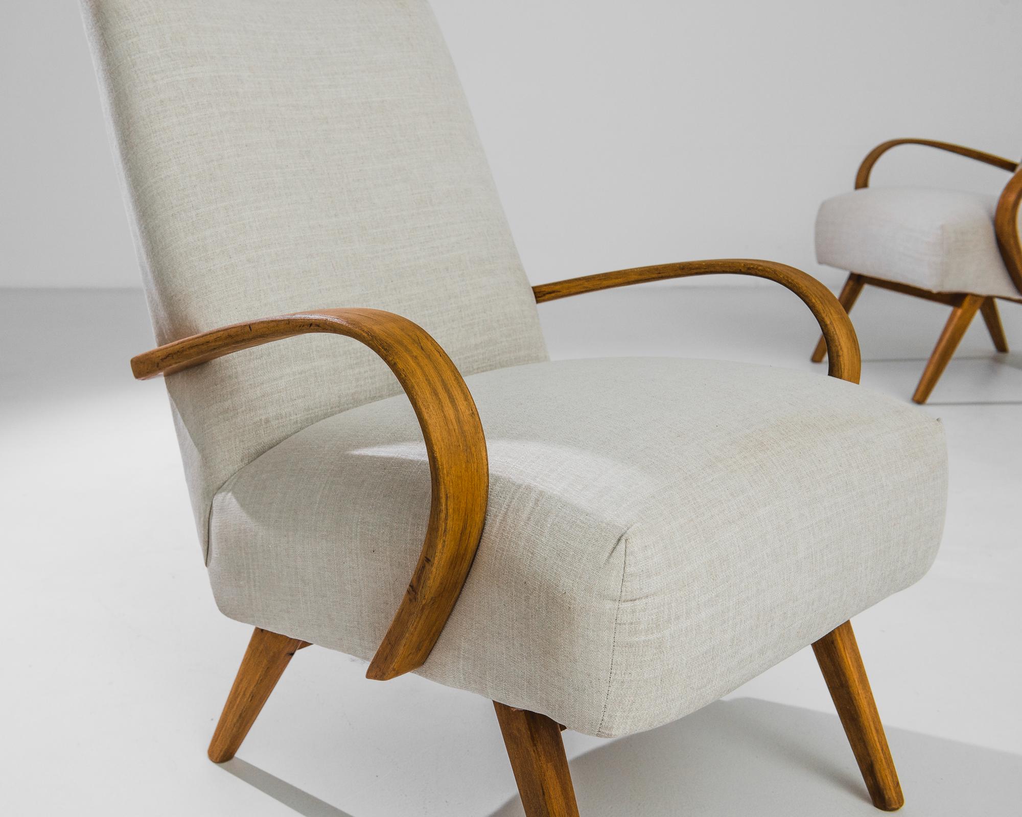 1950s Czech Beige Upholstered Armchairs, a Pair In Good Condition In High Point, NC