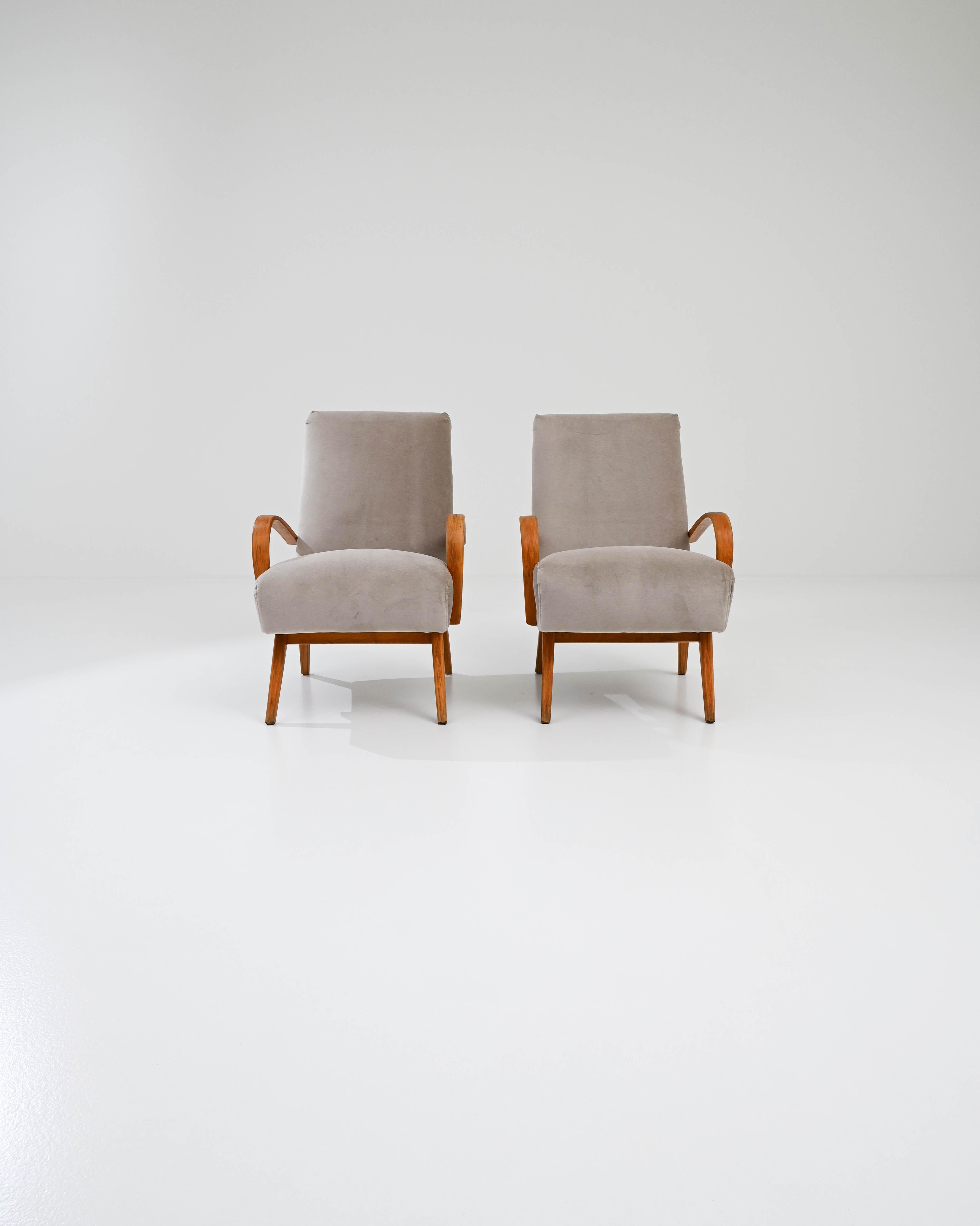 Mid-20th Century 1950s Czech Beige Upholstered Armchairs, a Pair For Sale