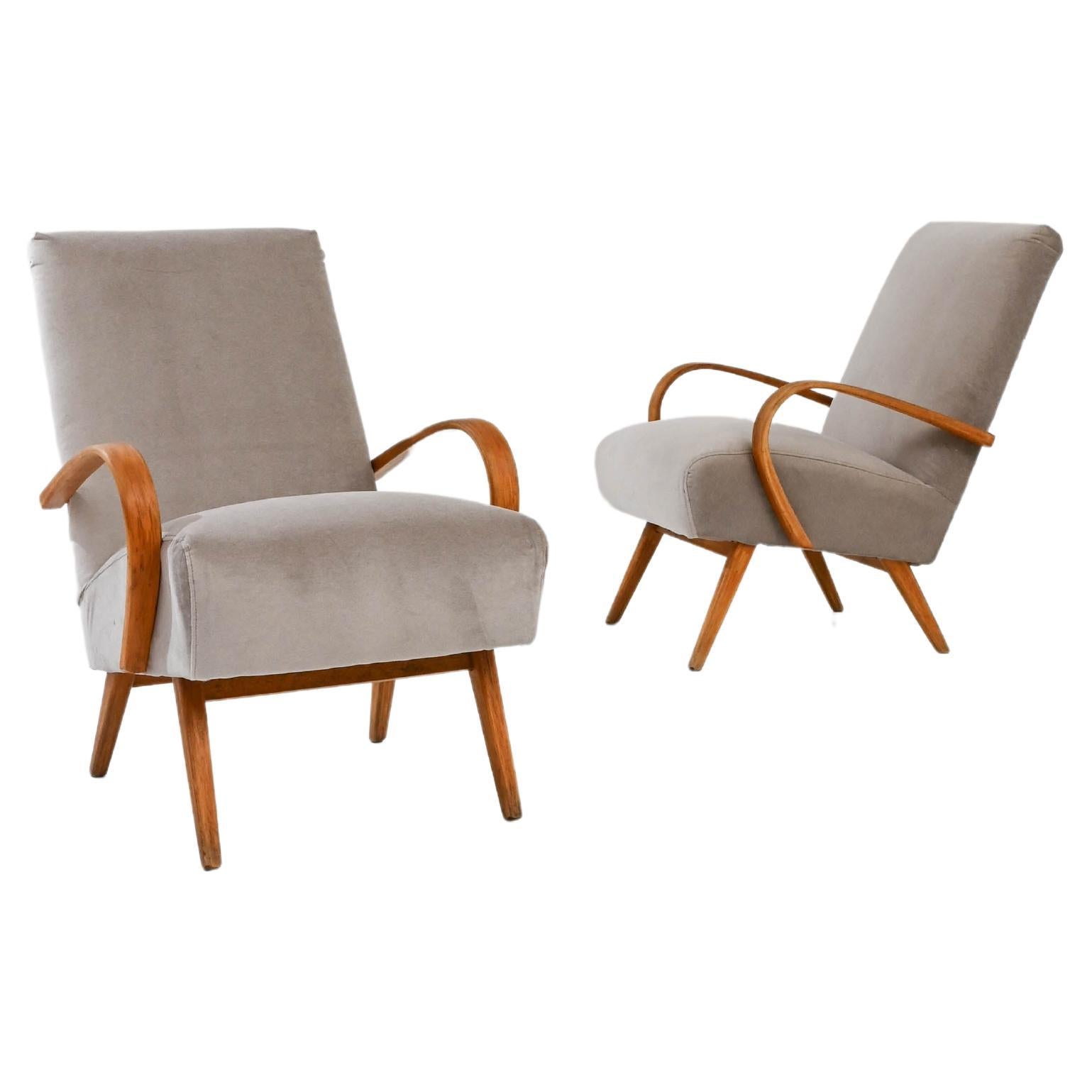 1950s Czech Beige Upholstered Armchairs, a Pair For Sale