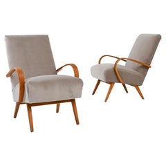 Retro 1950s Czech Beige Upholstered Armchairs, a Pair