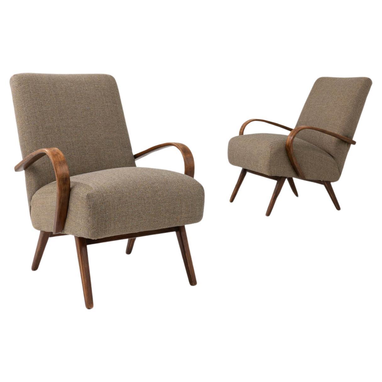 1950s Czech Beige Upholstered Armchairs, a Pair For Sale