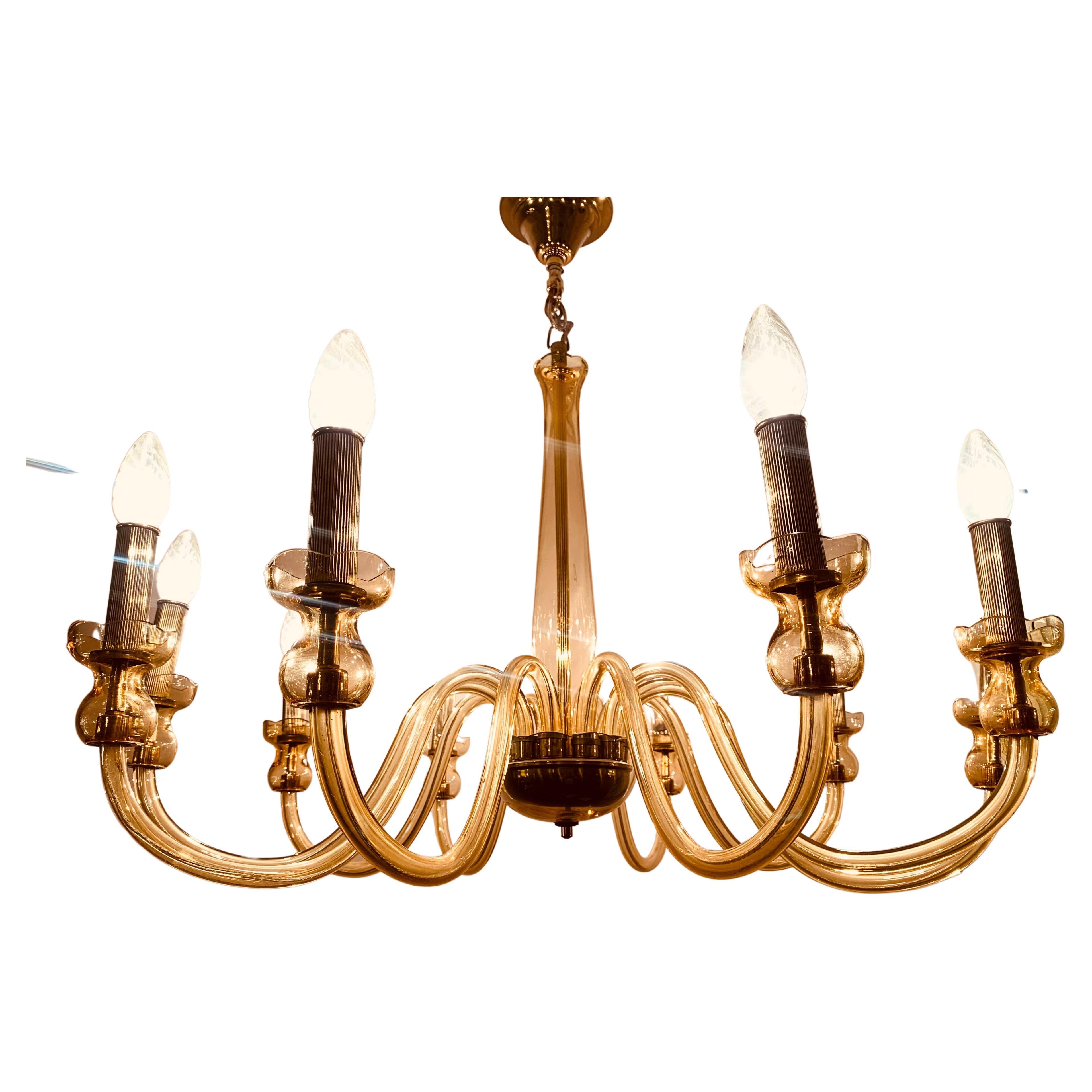 1950s Czech Bohemian Hand Blown Yellow Crystal Glass 
Brass 10 Arm Chandelier