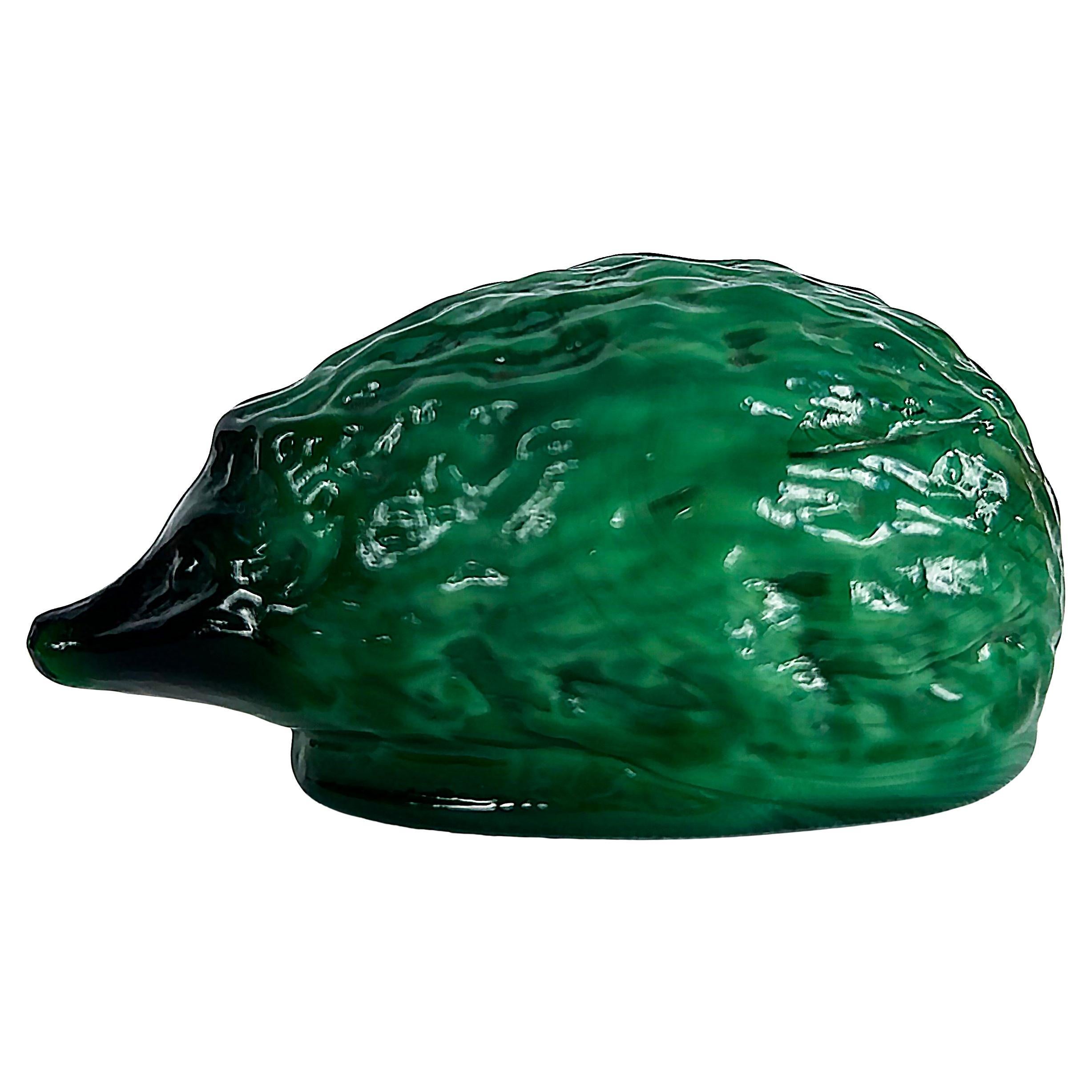 1950s Czech Bohemian Malachite Glass Hedgehog Paperweight Figurine