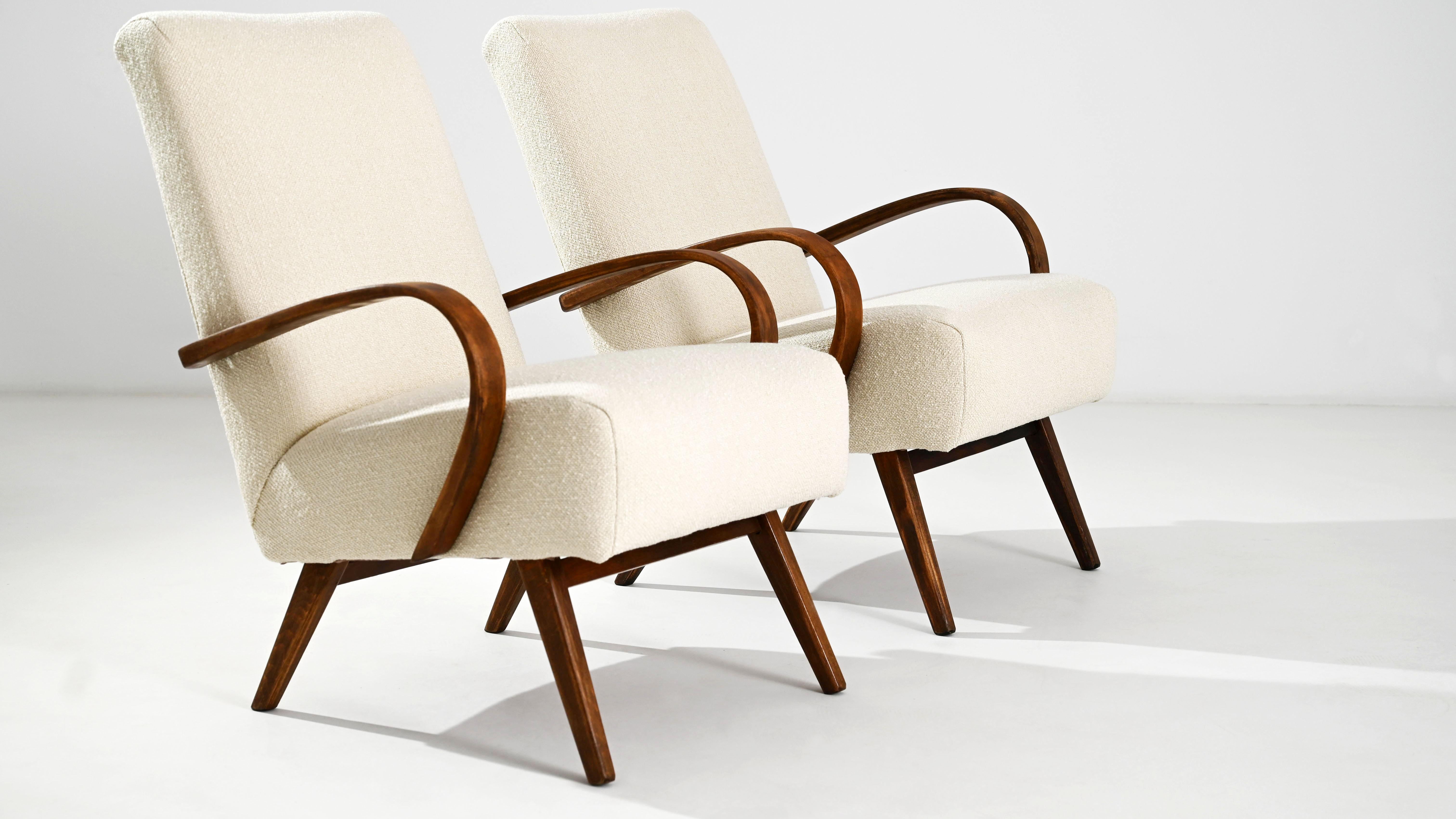 1950s, Czech Cream Upholstered Armchairs, Pair 3