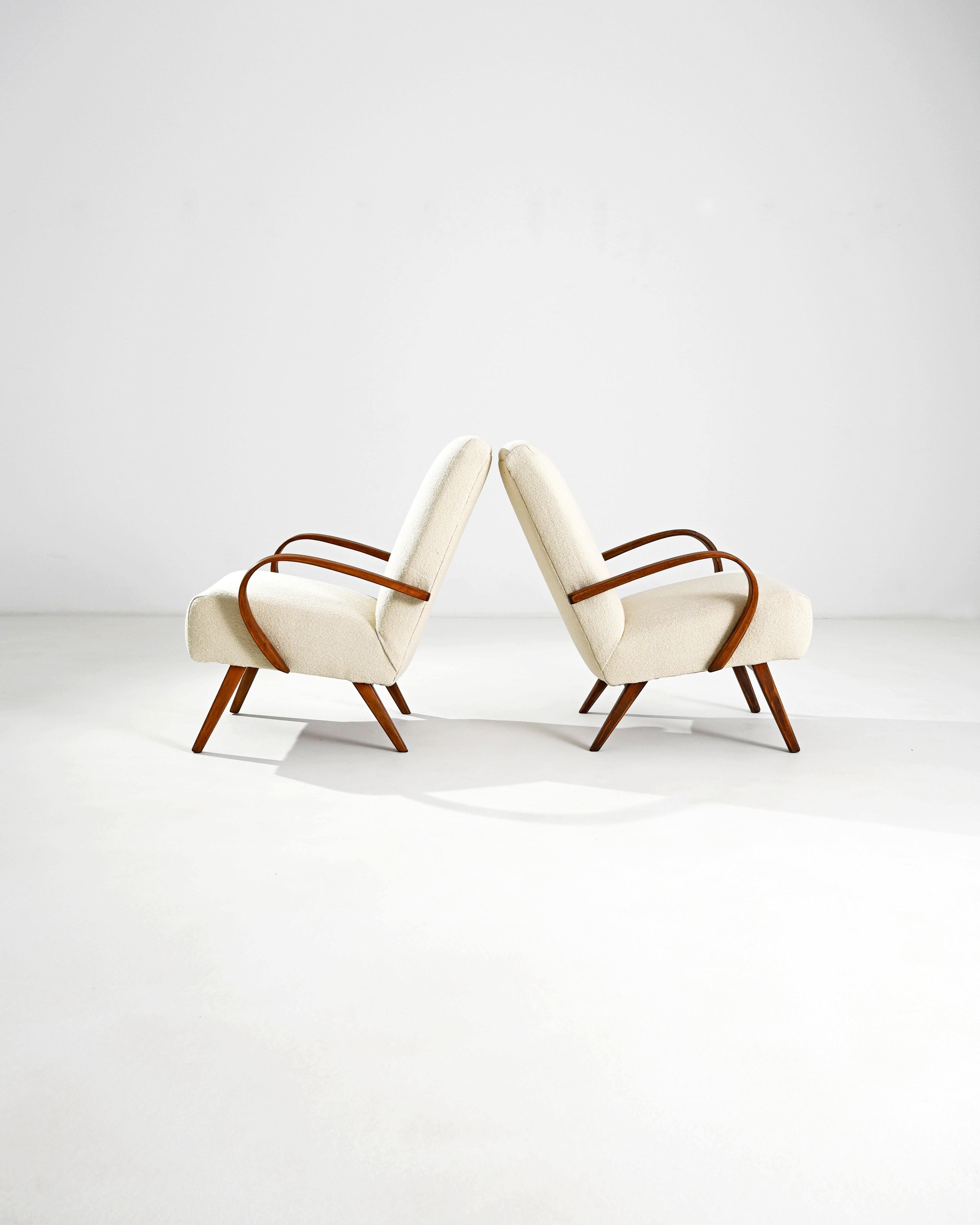 Mid-20th Century 1950s, Czech Cream Upholstered Armchairs, Pair