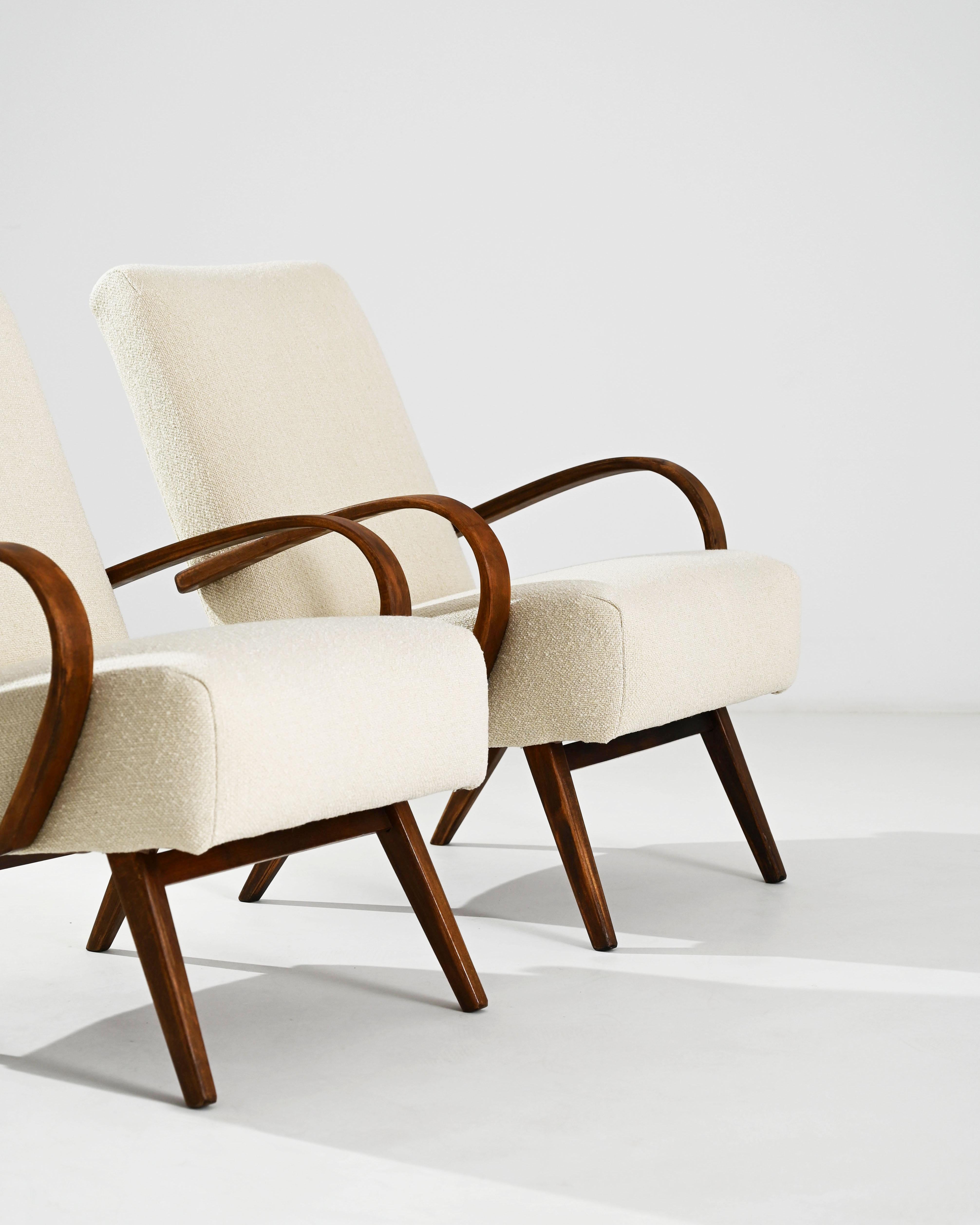 1950s, Czech Cream Upholstered Armchairs, Pair 2