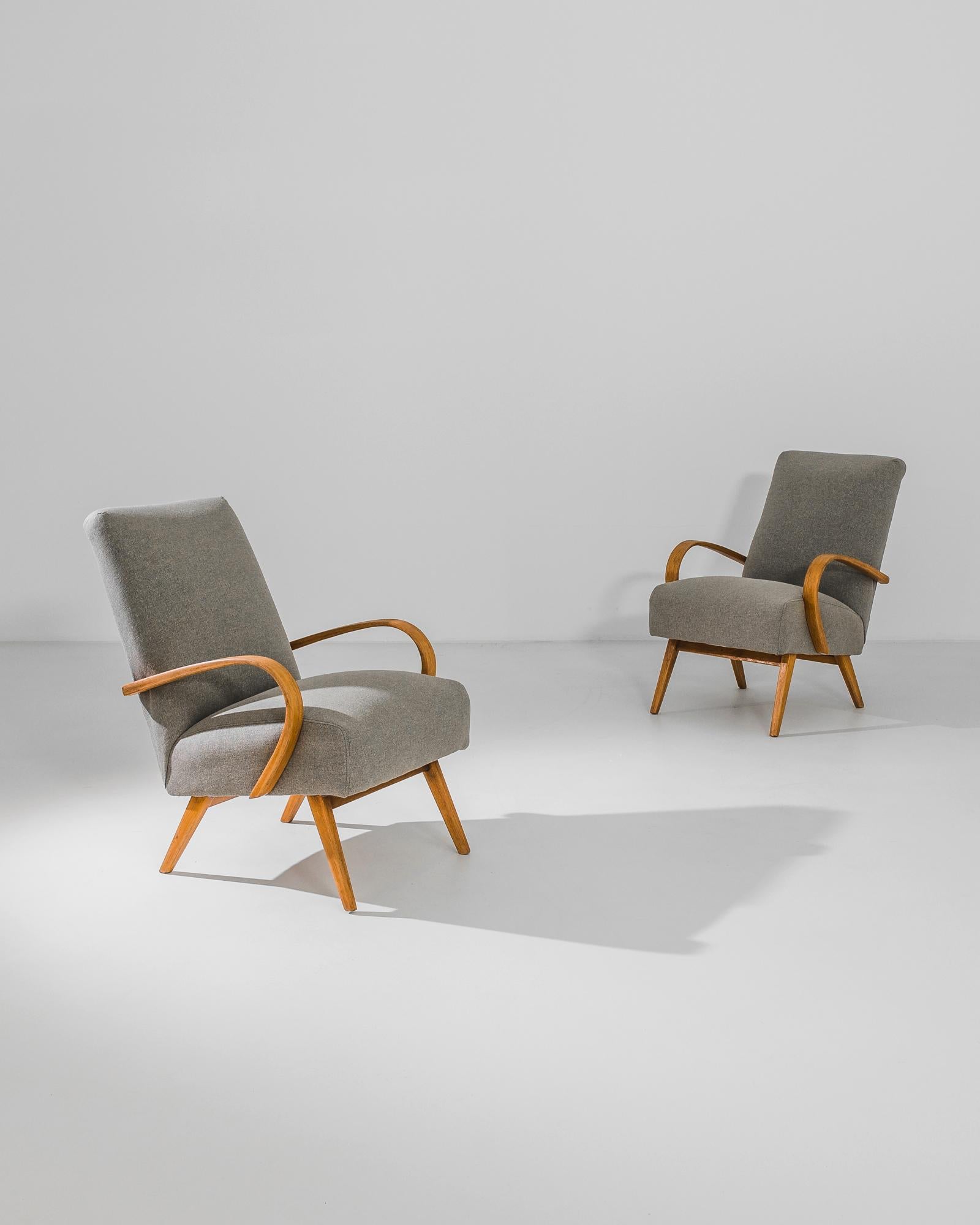 Mid-20th Century 1950s Czech Gray Upholstered Armchairs, a Pair For Sale