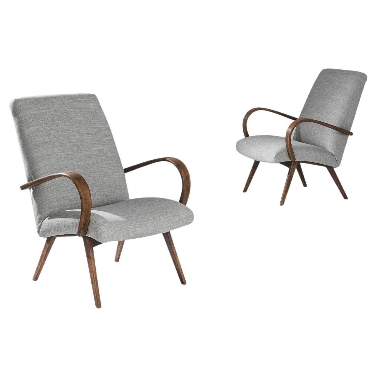 1950s Czech Gray Upholstered Armchairs, a Pair For Sale
