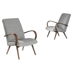 Retro 1950s Czech Gray Upholstered Armchairs, a Pair