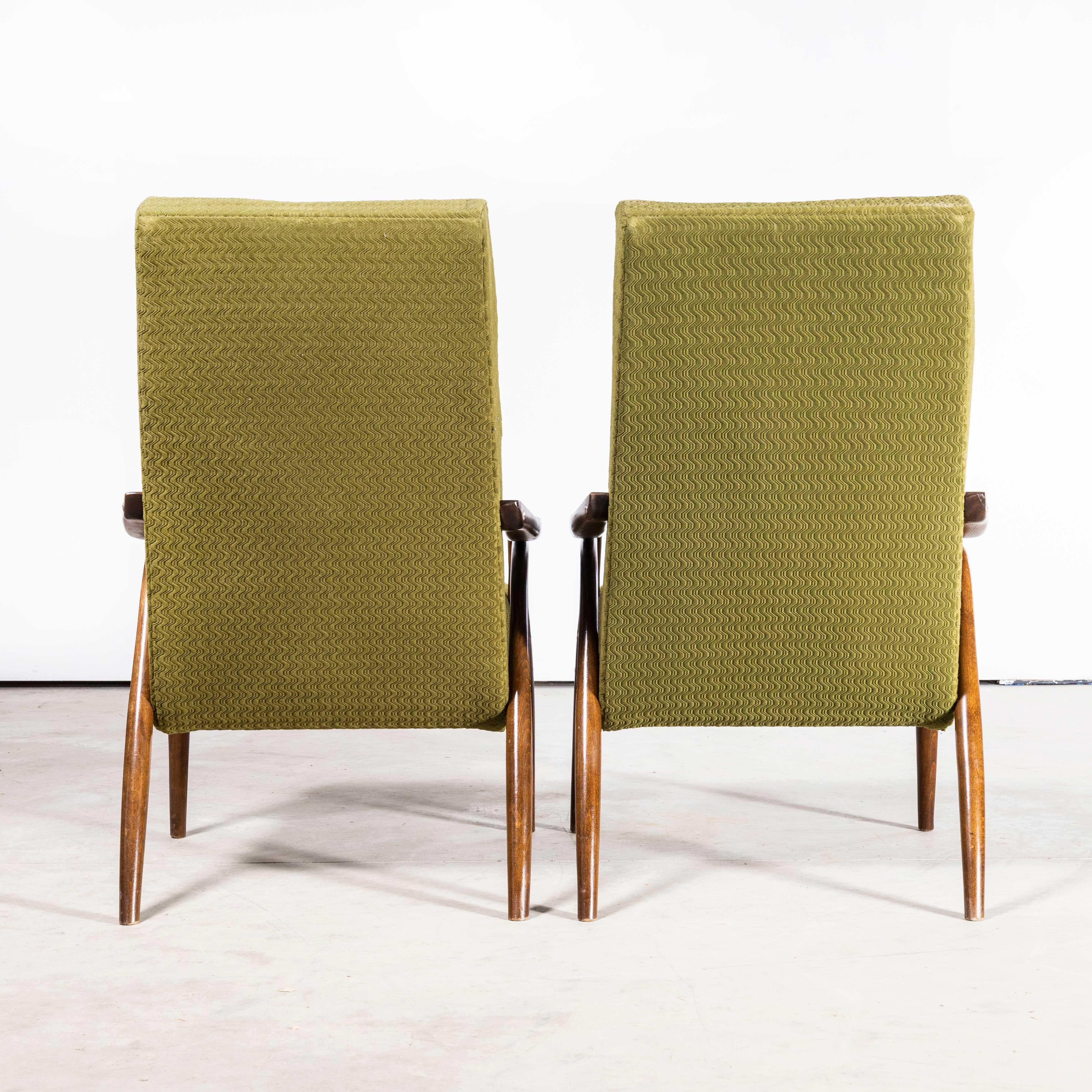 1950s Czech Midcentury Original Armchairs, Pair in Olive Green In Good Condition In Hook, Hampshire