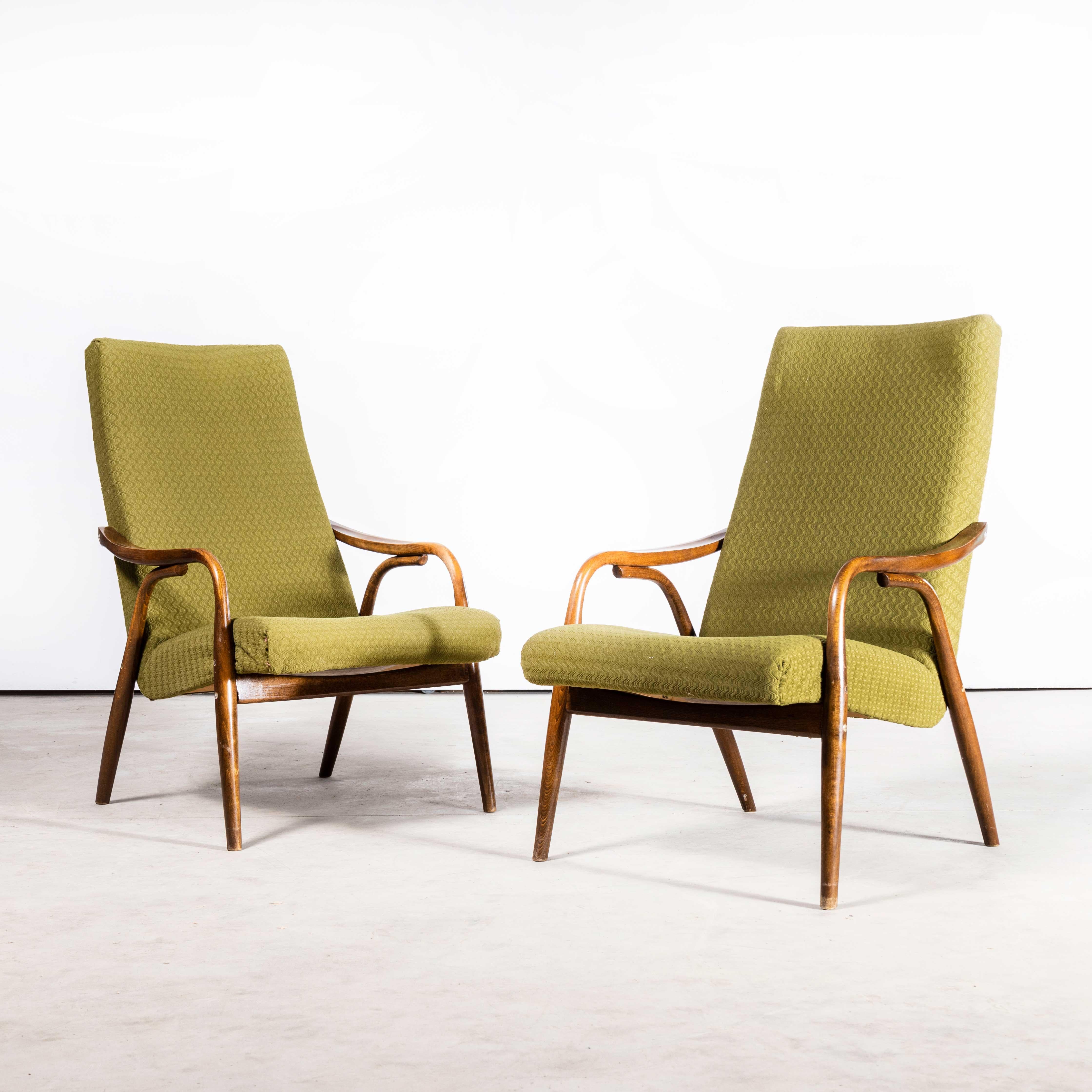 Mid-20th Century 1950s Czech Midcentury Original Armchairs, Pair in Olive Green