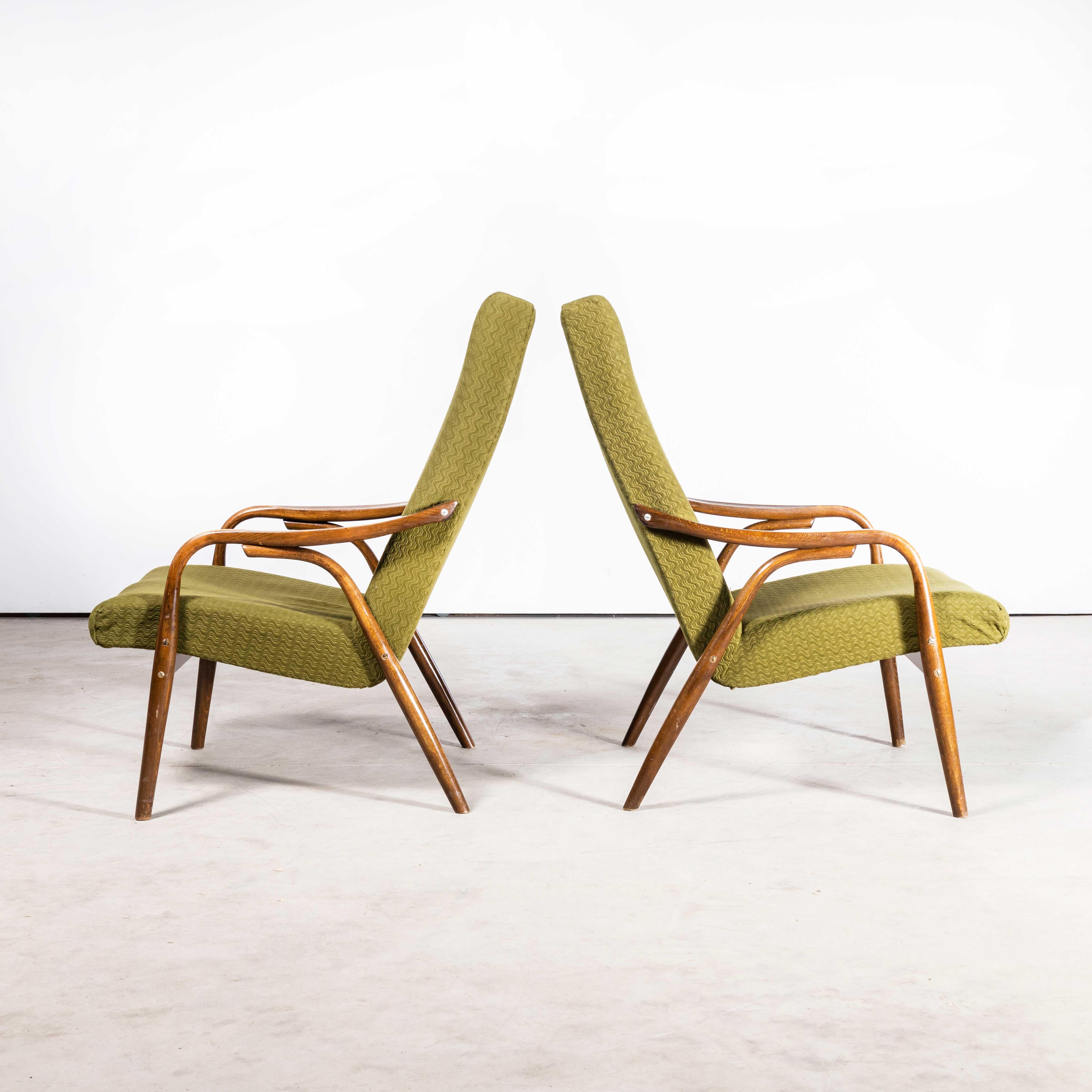 Upholstery 1950s Czech Midcentury Original Armchairs, Pair in Olive Green