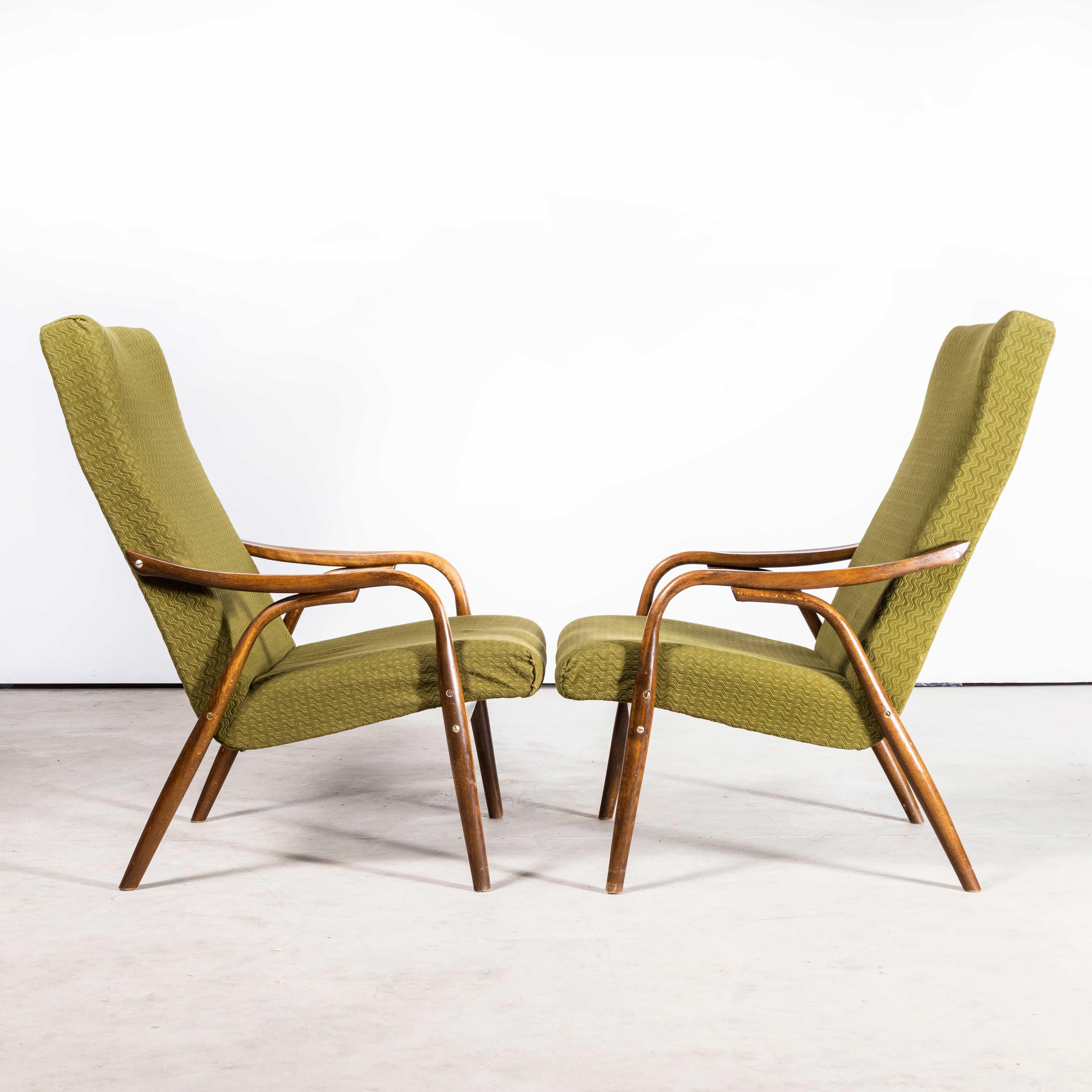 1950s Czech Midcentury Original Armchairs, Pair in Olive Green 2