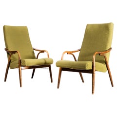 1950s Czech Midcentury Original Armchairs, Pair in Olive Green