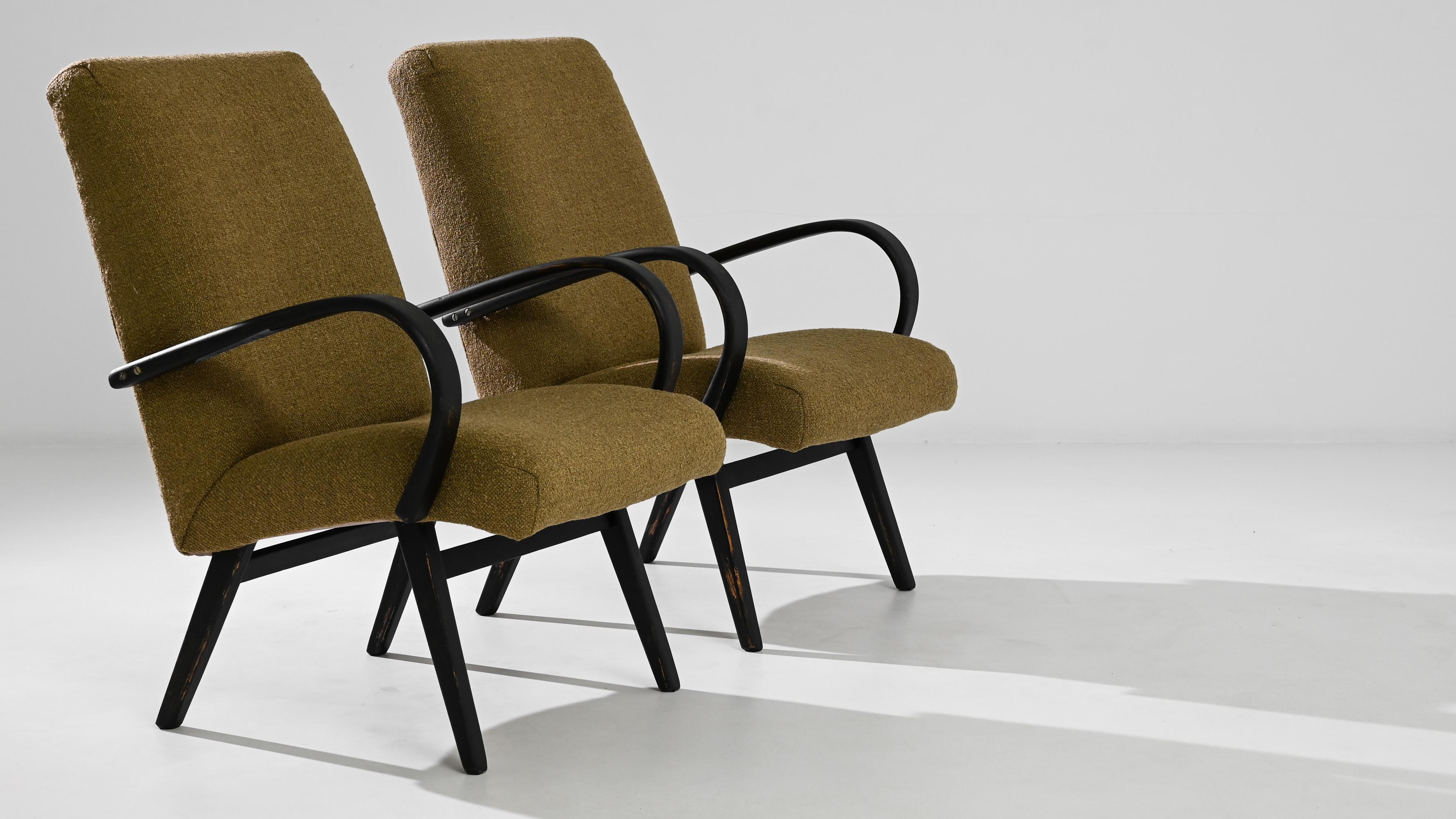 Mid-Century Modern 1950s Czech Ochre Bouclé Upholstered Armchairs, a Pair