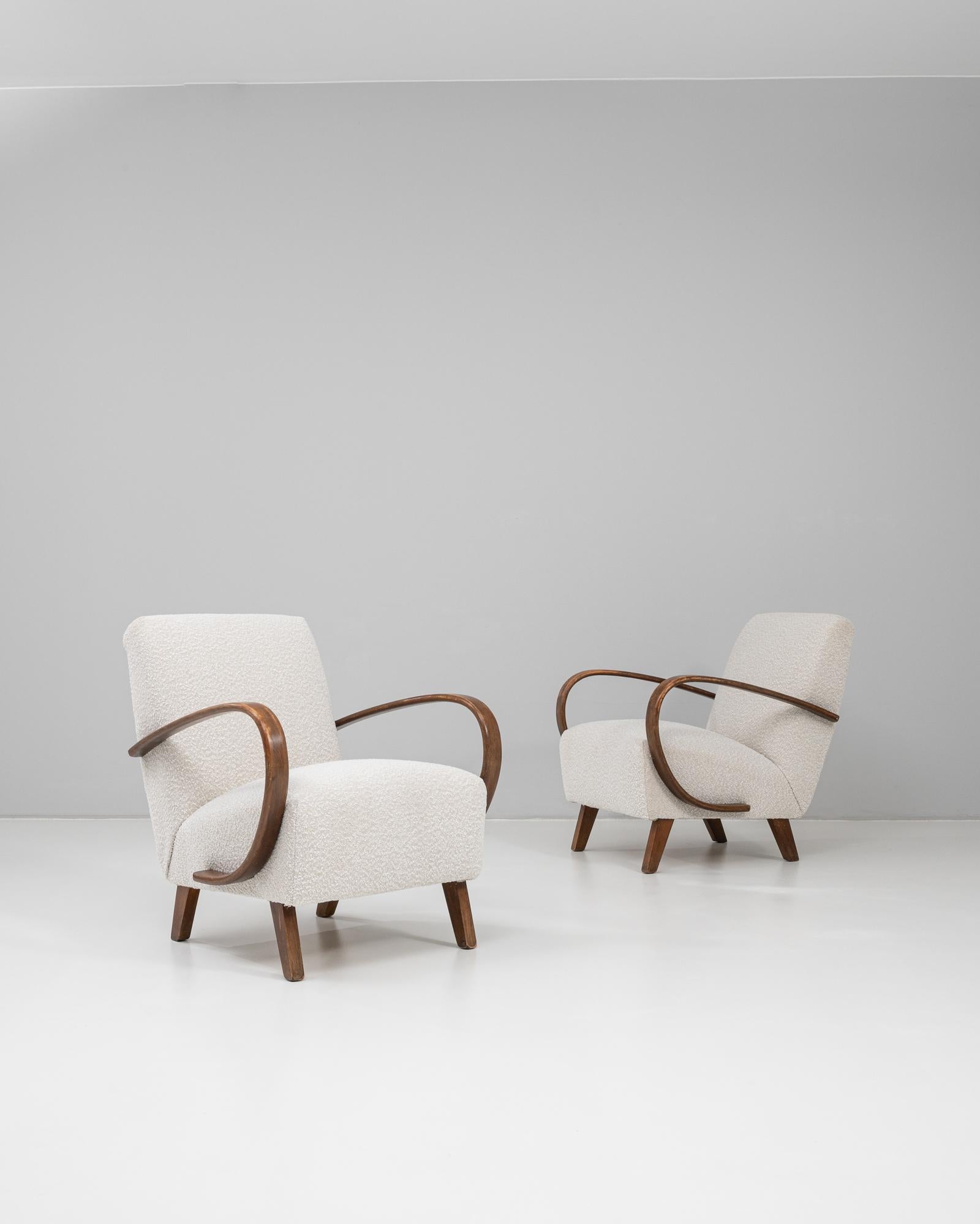 1950s Czech Pair of MCM Upholstered Armchairs by J. Halabala For Sale 7