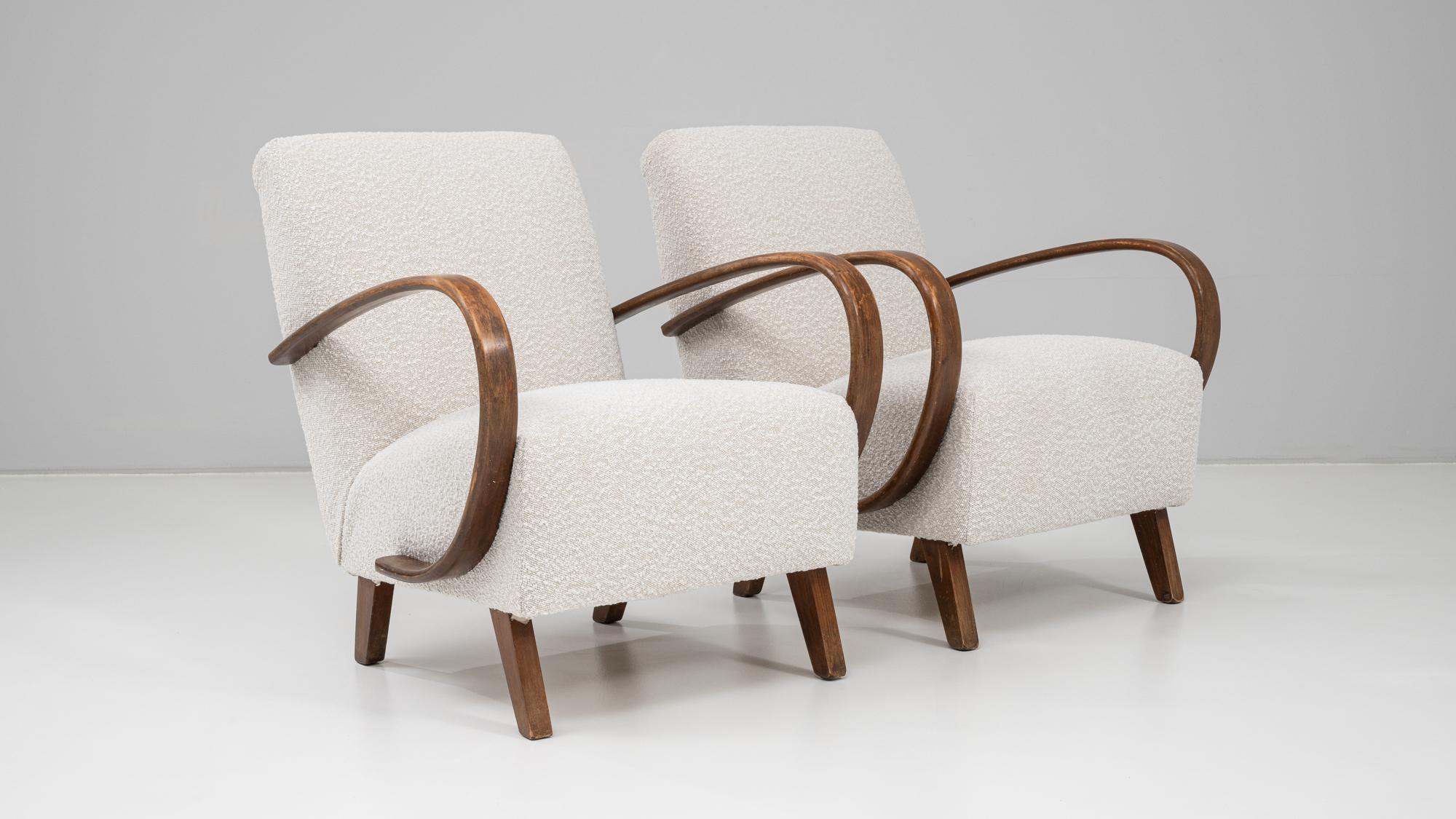 1950s Czech Pair of MCM Upholstered Armchairs by J. Halabala For Sale 9