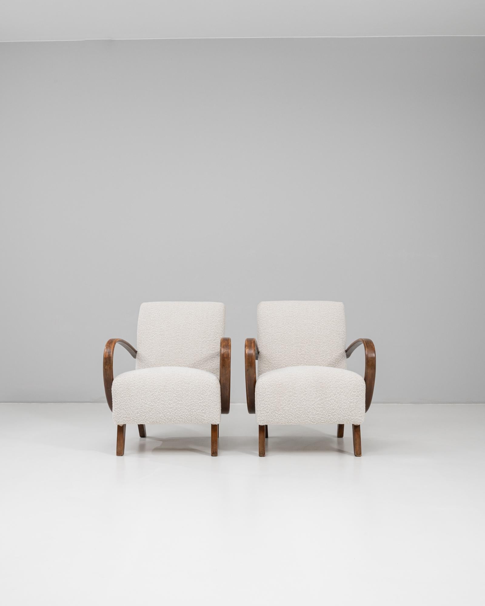 20th Century 1950s Czech Pair of MCM Upholstered Armchairs by J. Halabala For Sale