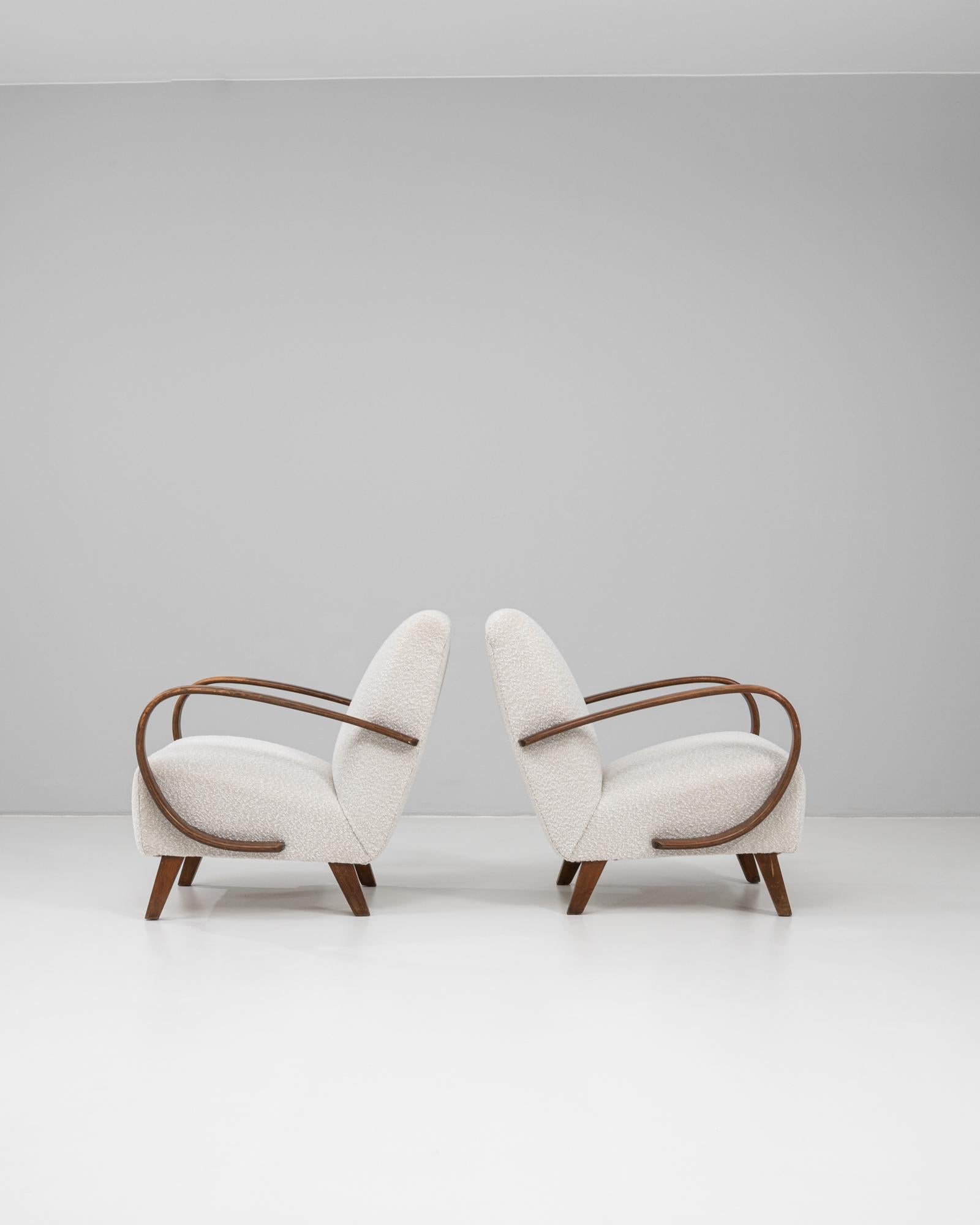 Upholstery 1950s Czech Pair of MCM Upholstered Armchairs by J. Halabala For Sale
