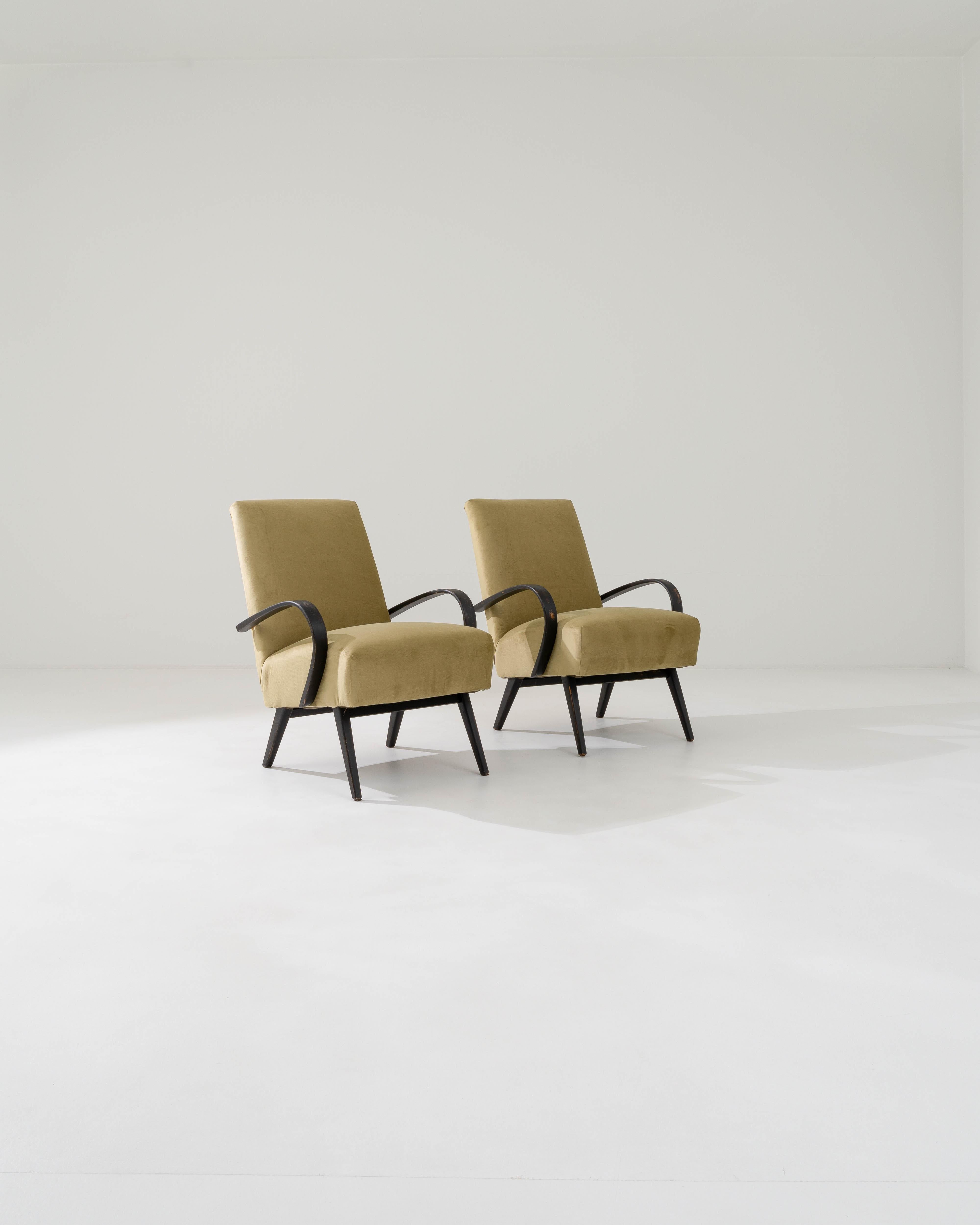 Mid-Century Modern 1950s Czech Upholstered Armchairs, a Pair For Sale