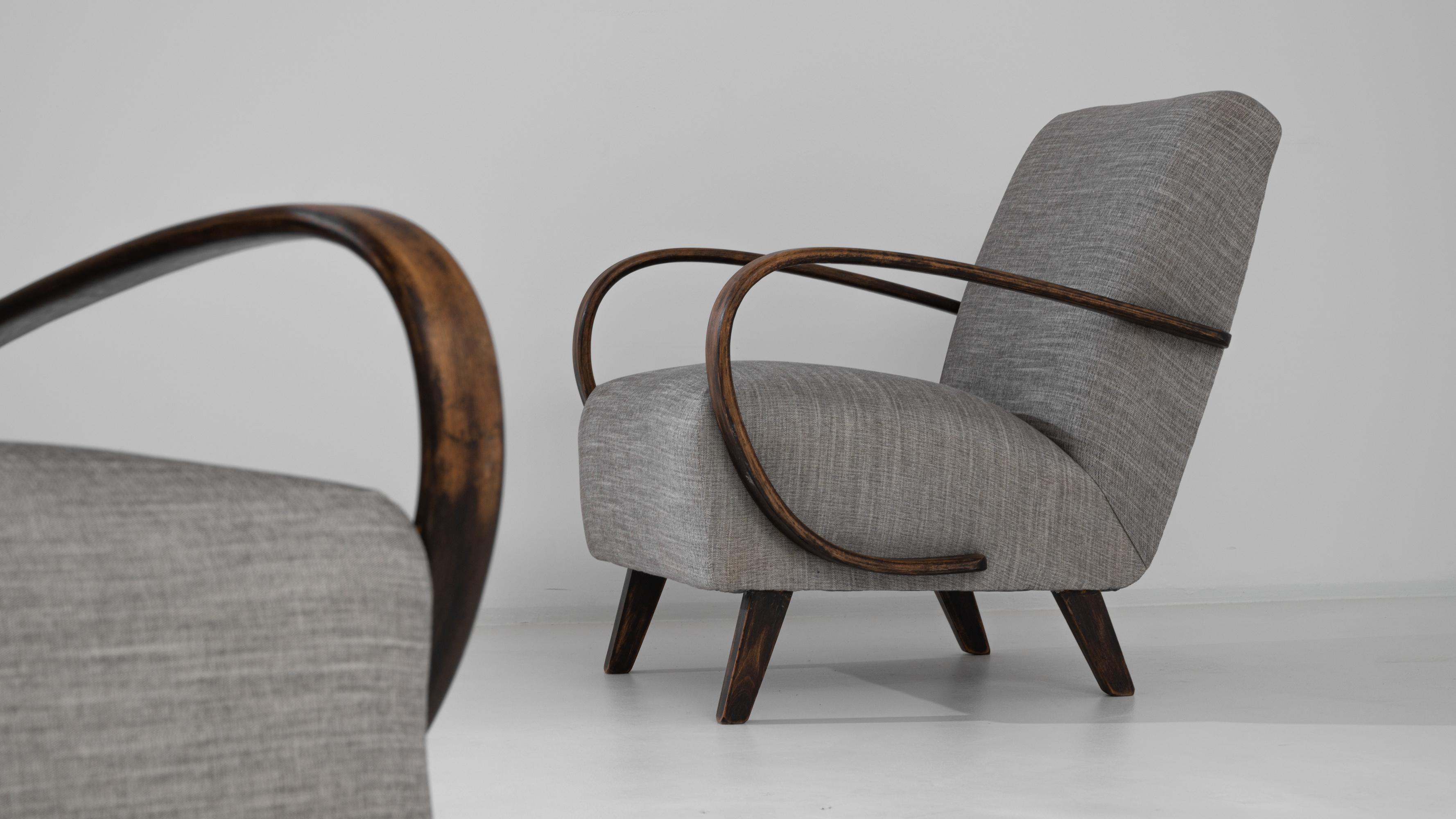20th Century 1950s Czech Wooden Upholstered Armchairs by J. Halabala, a Pair