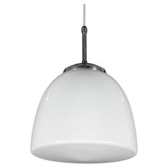 1950s Czechoslovak Opaline Glass Schoolhouse Pendant Light with Chrome Gallery