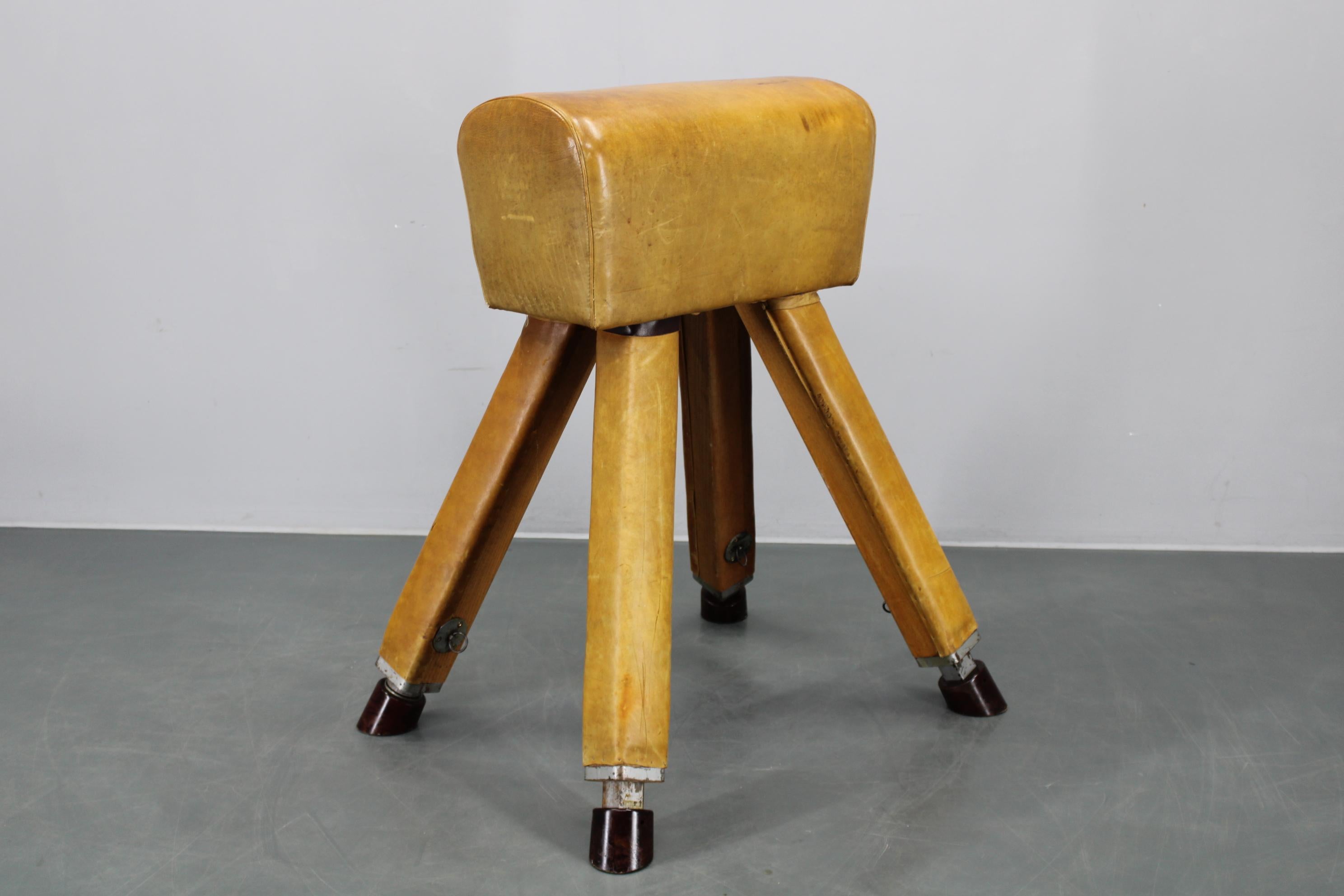 Cavallo da ginnastica in pelle e legno cecoslovacco del 1950, altezza regolabile in vendita 1