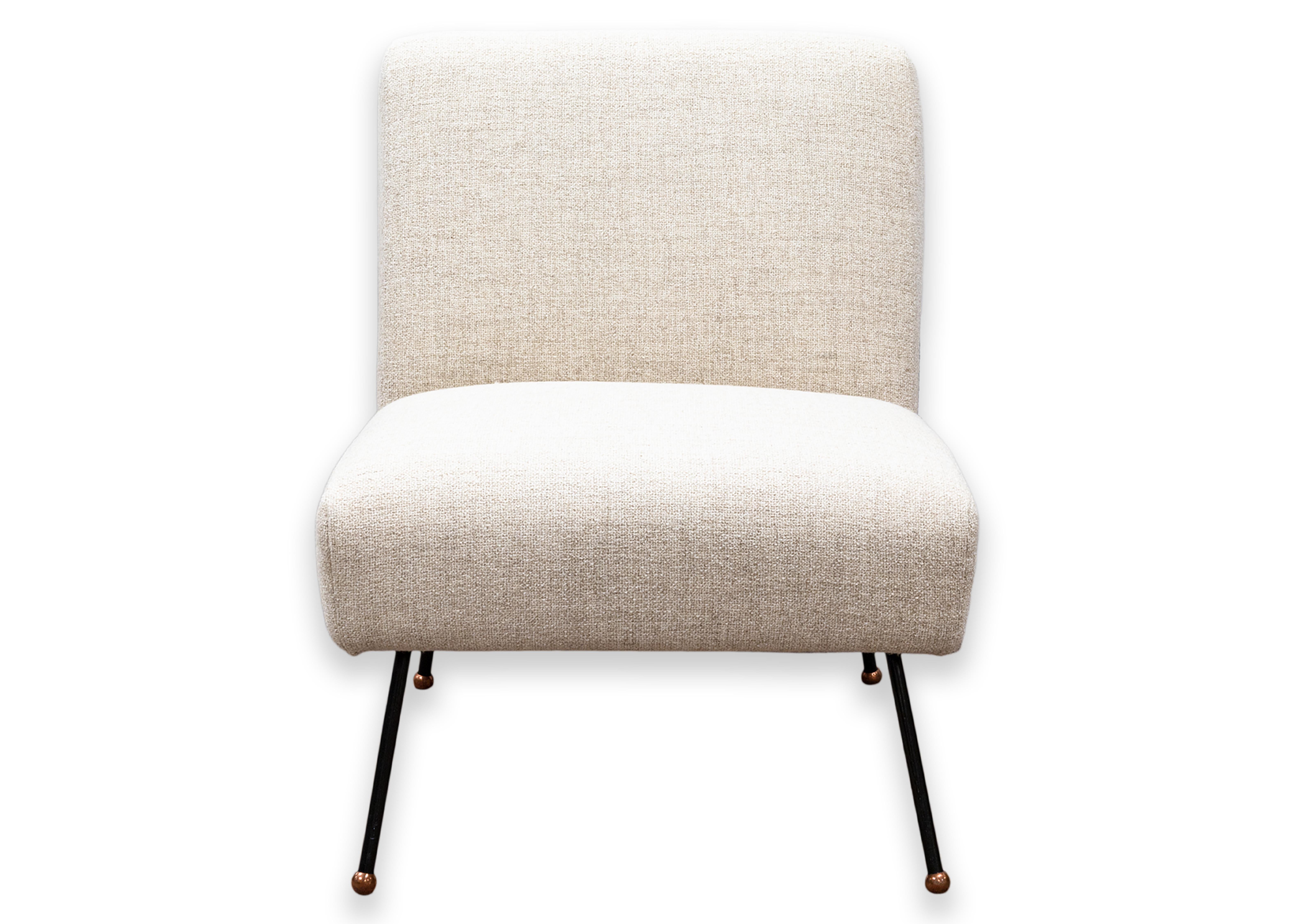 A Dan Johnson armless slipper chair for Pacific Iron. This lovely 1950s accent lounge chair features a beige fabric wool blend upholstery, and a wrought iron frame. This piece has a classic and timeless slipper chair design. The frame is a great,