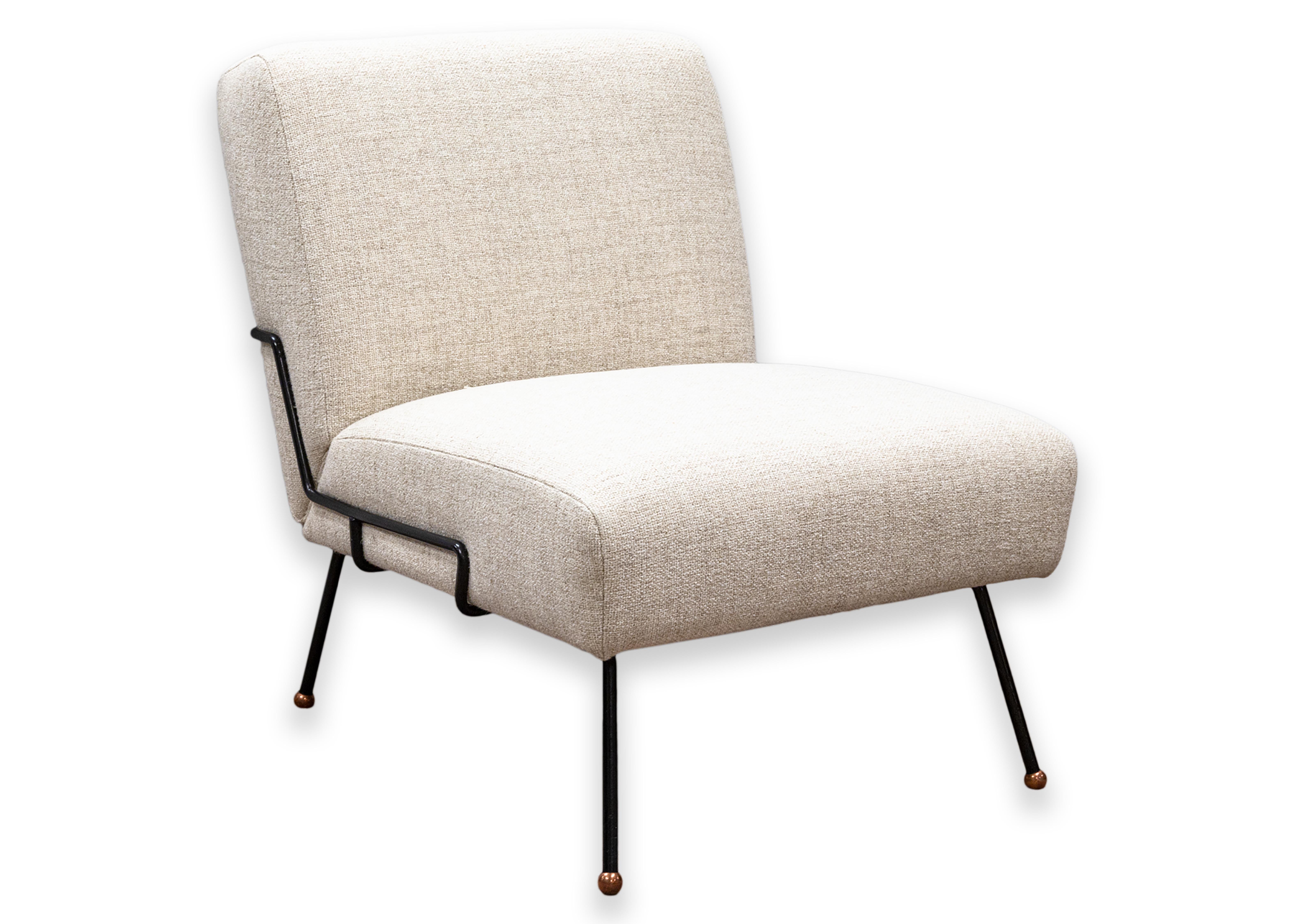 Mid-Century Modern 1950s Dan Johnson Beige Fabric Wrought Iron Frame Slipper Chair for Pacific Iron