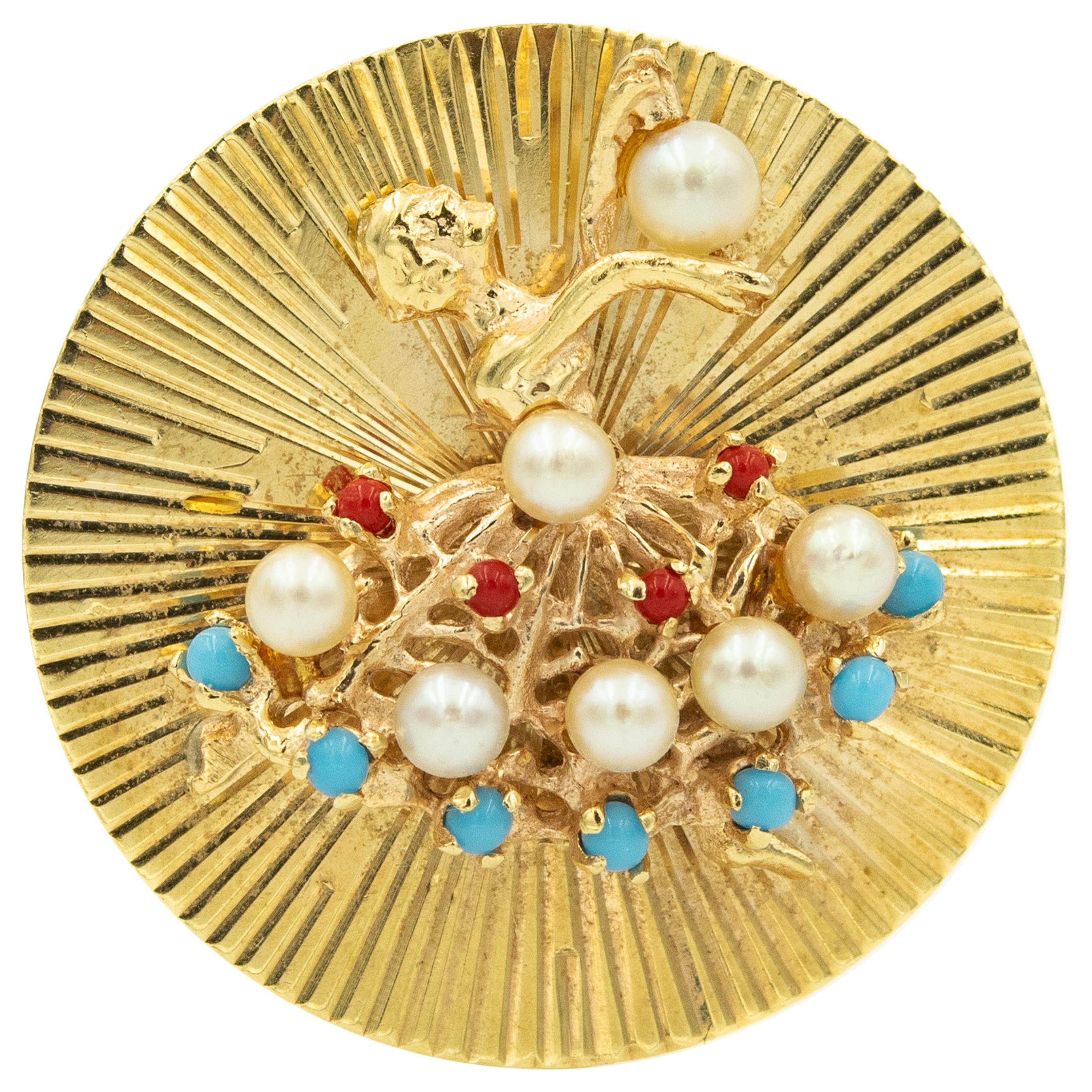1950s Dancer Ballerina Pearl Turquoise Coral Yellow Gold Circle Brooch Pin