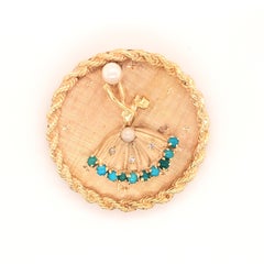 1950s Dancer Ballerina Pearl Turquoise Diamond Yellow Gold Circle Brooch Pin