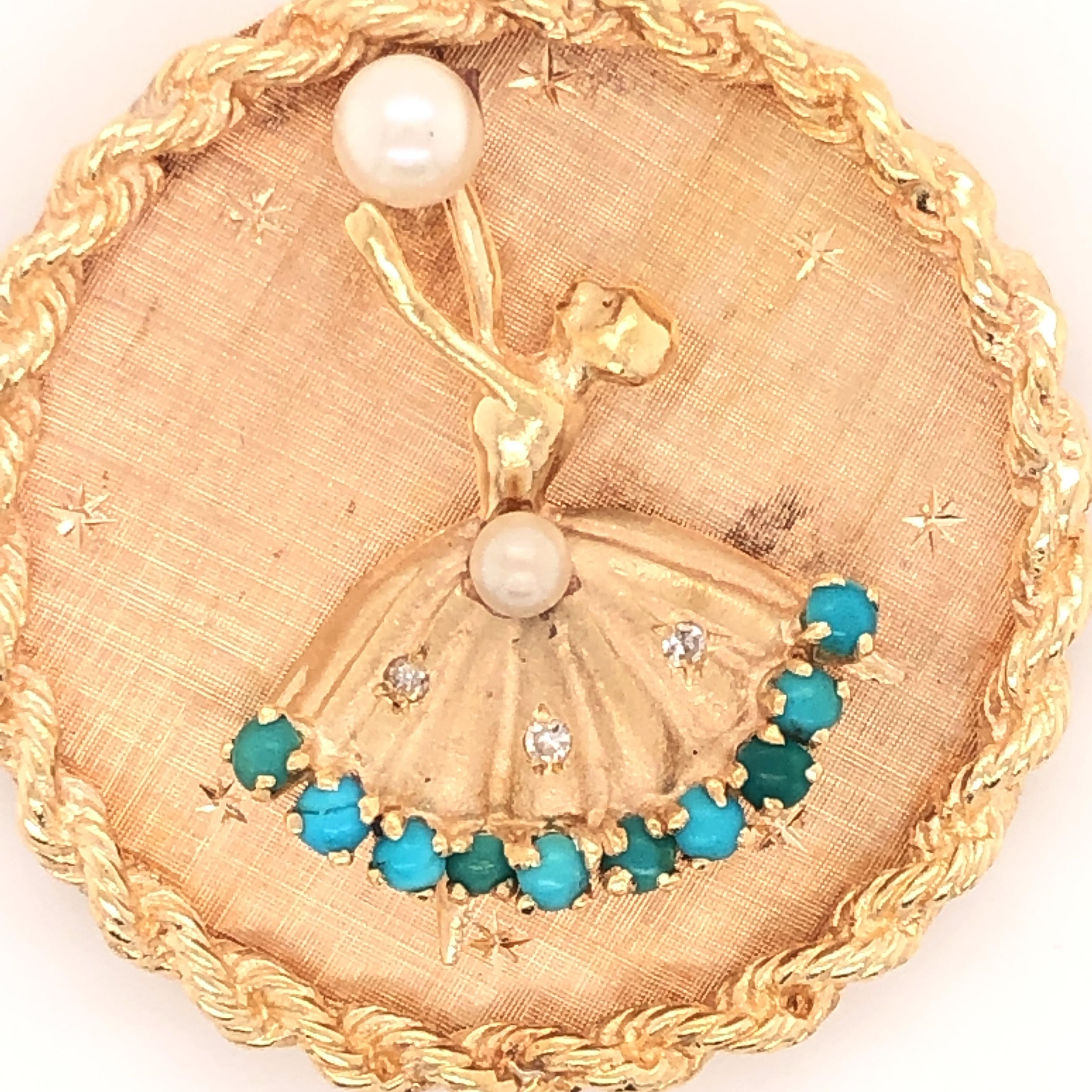 Bead 1950s Dancer Ballerina Pearl Turquoise Diamond Yellow Gold Circle Brooch Pin