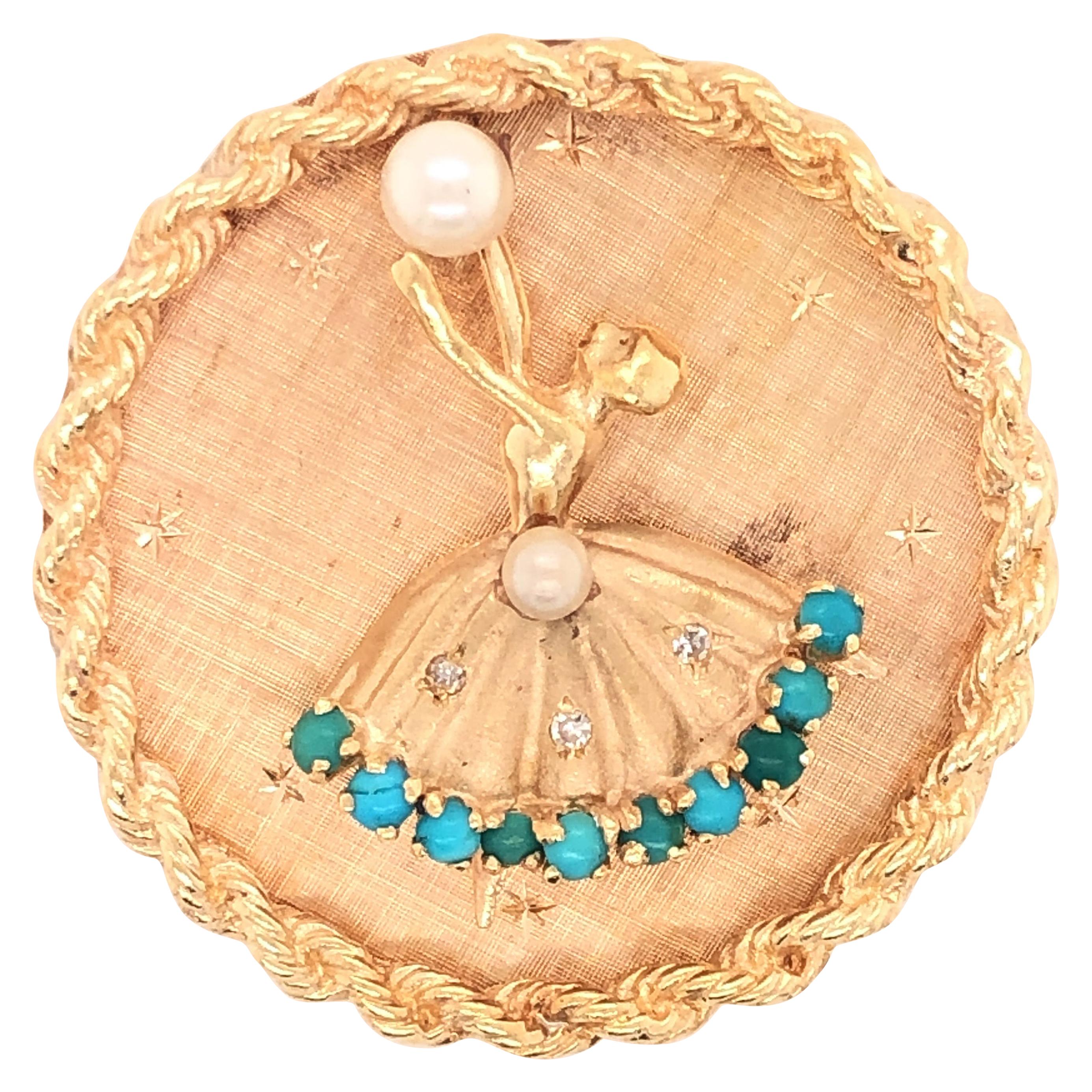 1950s Dancer Ballerina Pearl Turquoise Diamond Yellow Gold Circle Brooch Pin