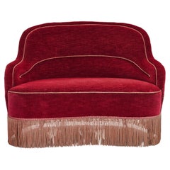 1950s, Danish 2-seater curved sofa, cherry-red furniture velour.