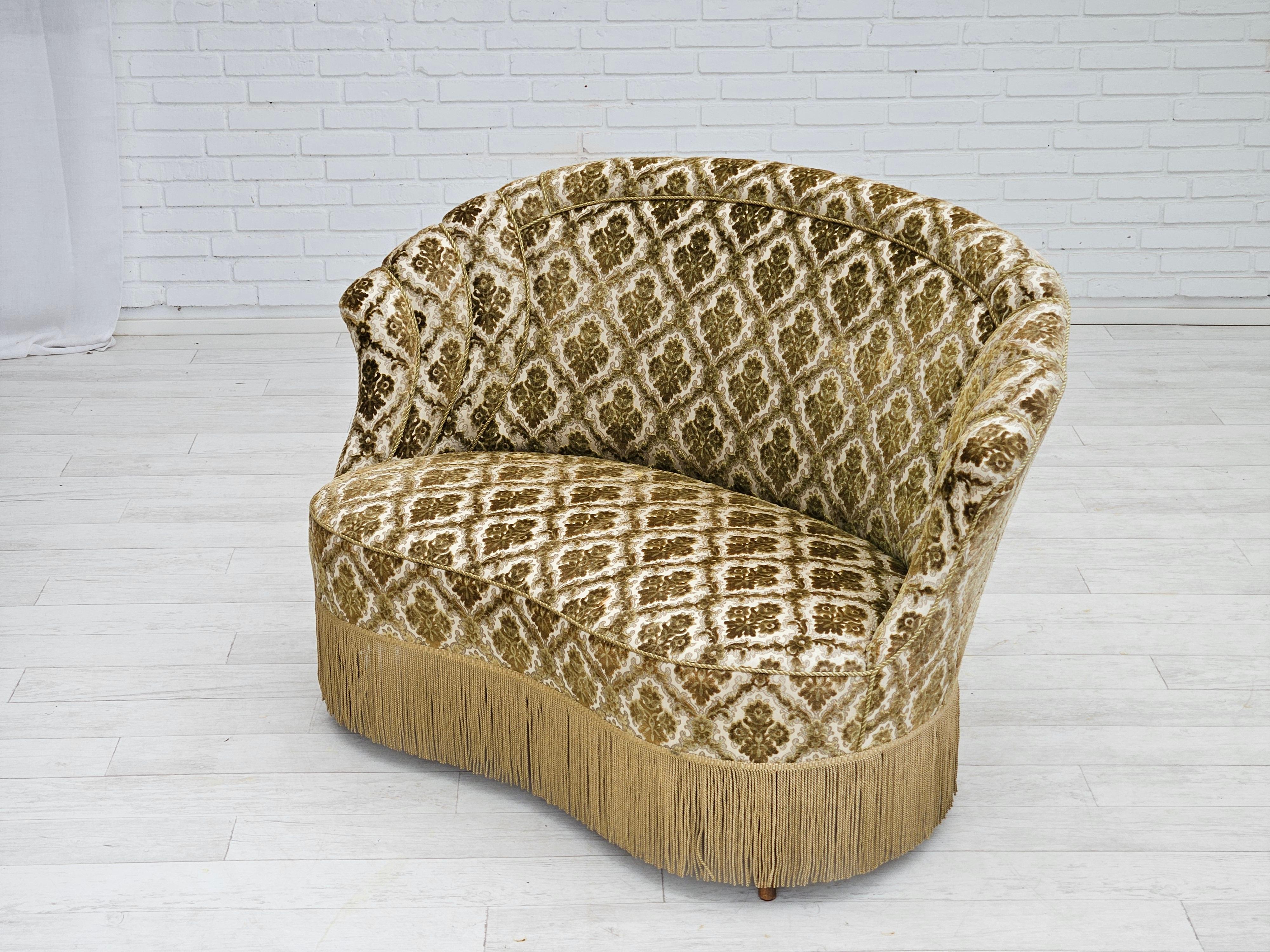 1950s, Danish 2-seater curved sofa, furniture velour, ash wood. 9