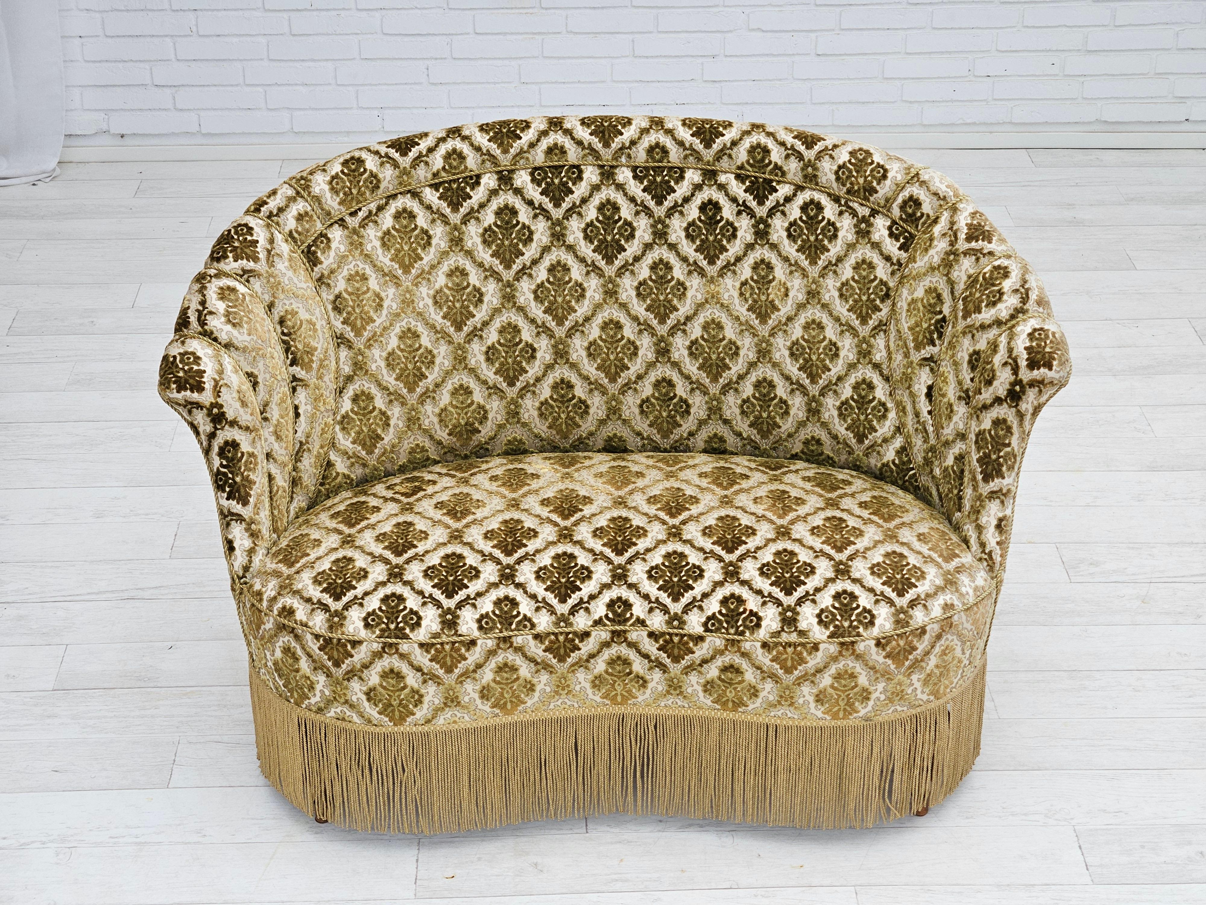 Scandinavian Modern 1950s, Danish 2-seater curved sofa, furniture velour, ash wood.
