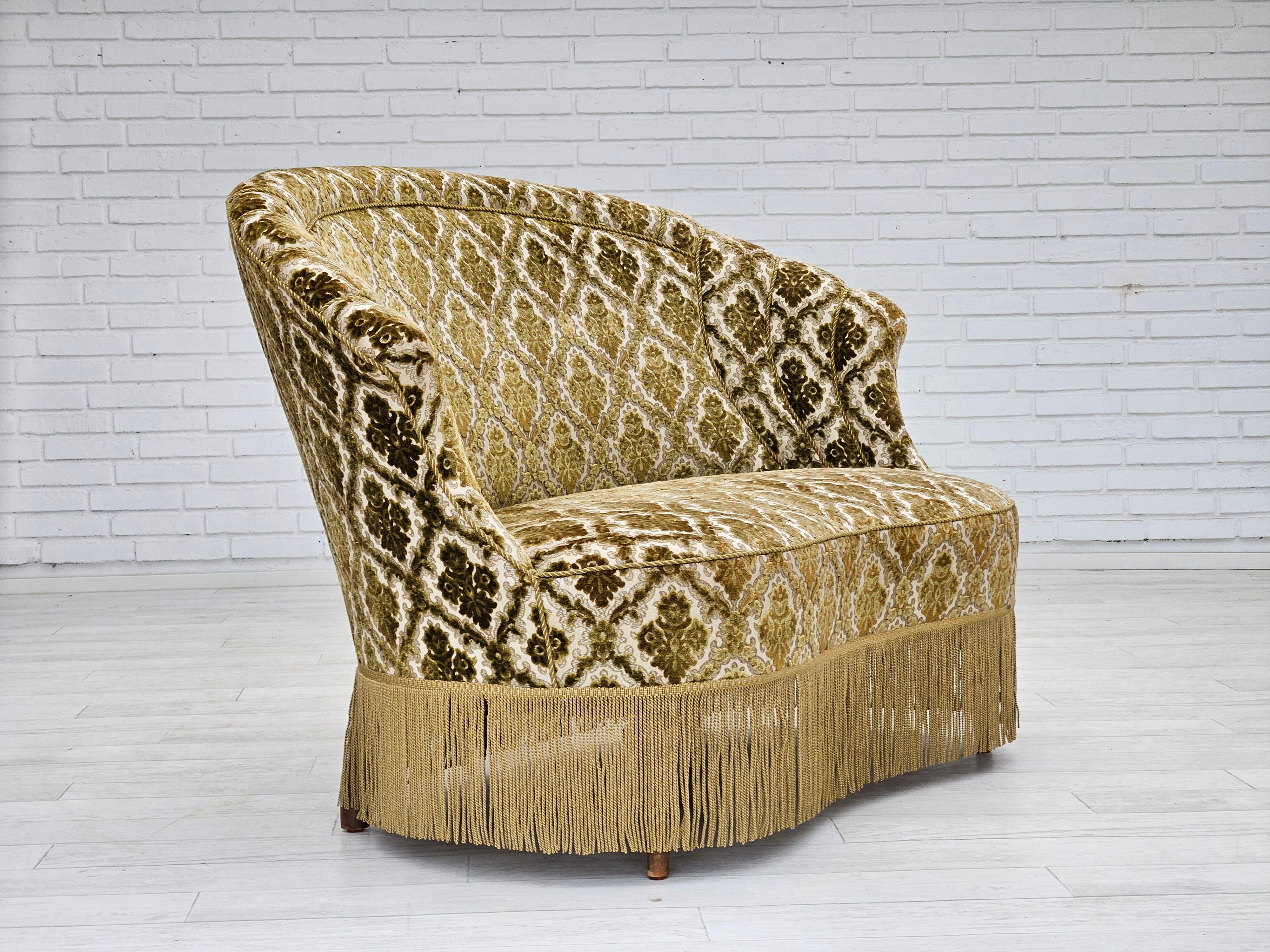 1950s, Danish 2-seater curved sofa, furniture velour, ash wood. In Good Condition In Tarm, 82