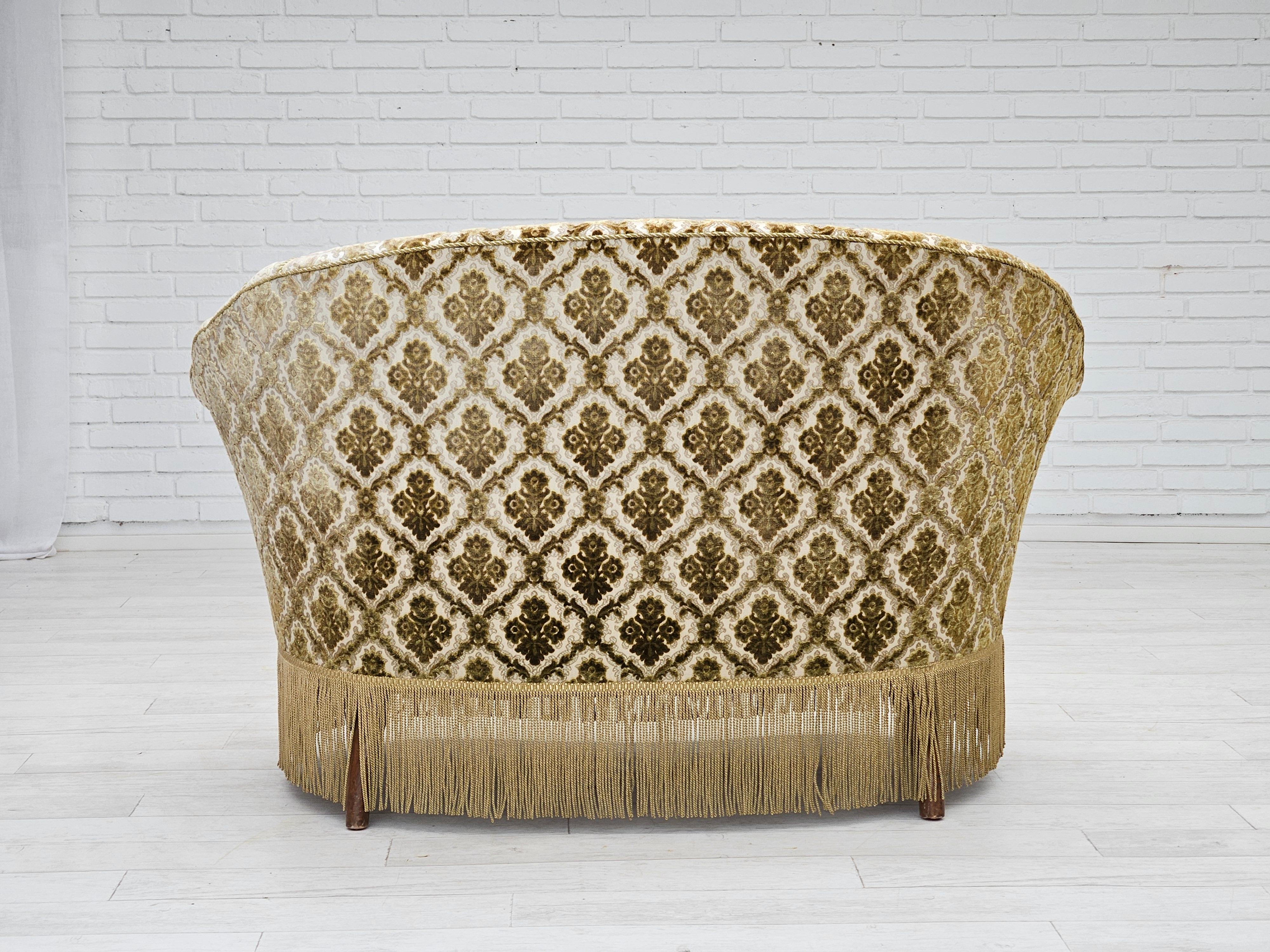 Velvet 1950s, Danish 2-seater curved sofa, furniture velour, ash wood.