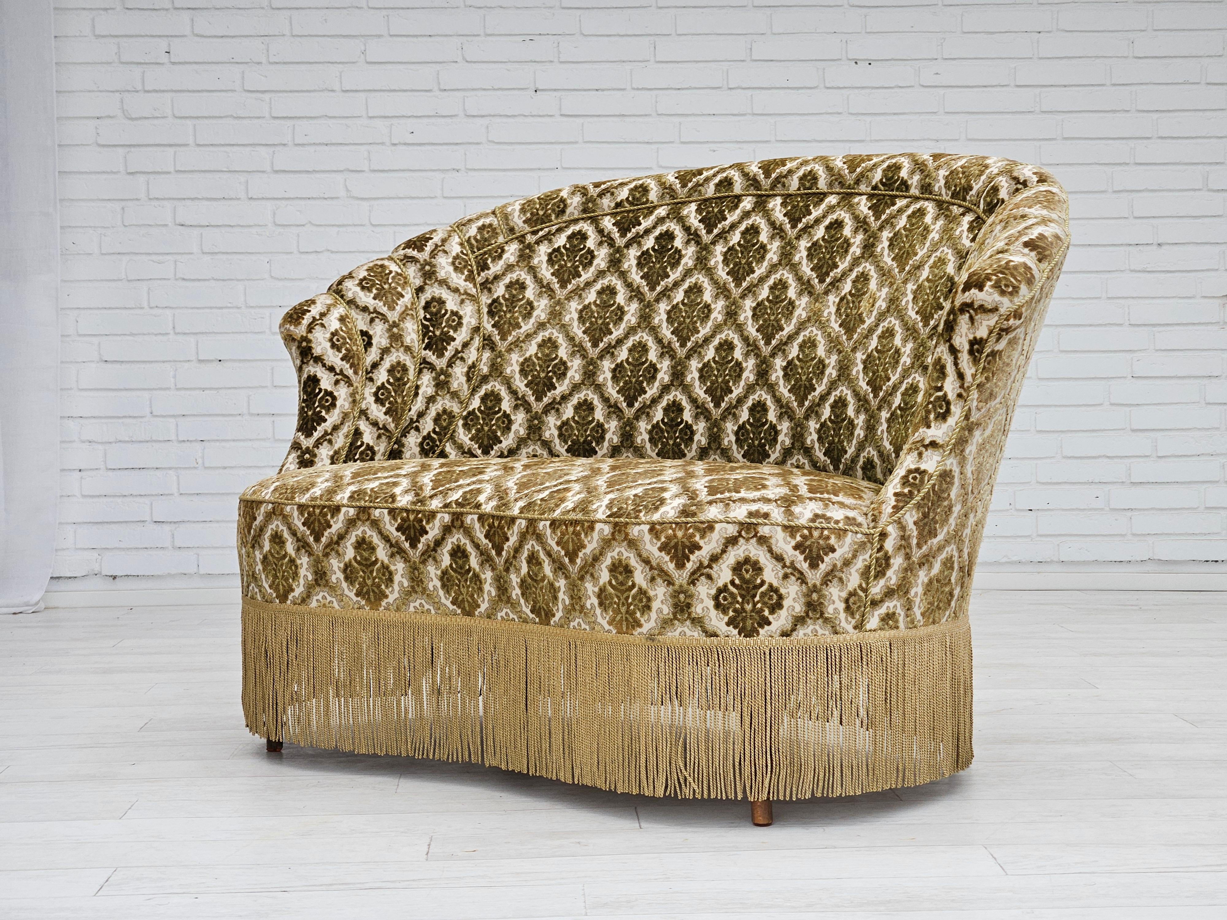 1950s, Danish 2-seater curved sofa, furniture velour, ash wood. 2