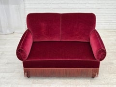 1950s, Danish 2-seater drop arm/back sofa, cherry-red furniture velour.