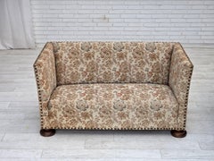 1950s, Danish 2-seater sofa, beige/ brown furniture fabric, oak wood.