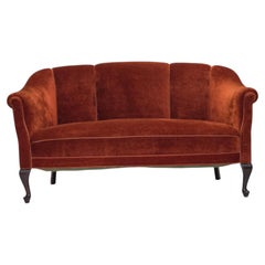1950s, Danish 2-seater sofa, furniture velour, oak wood legs.