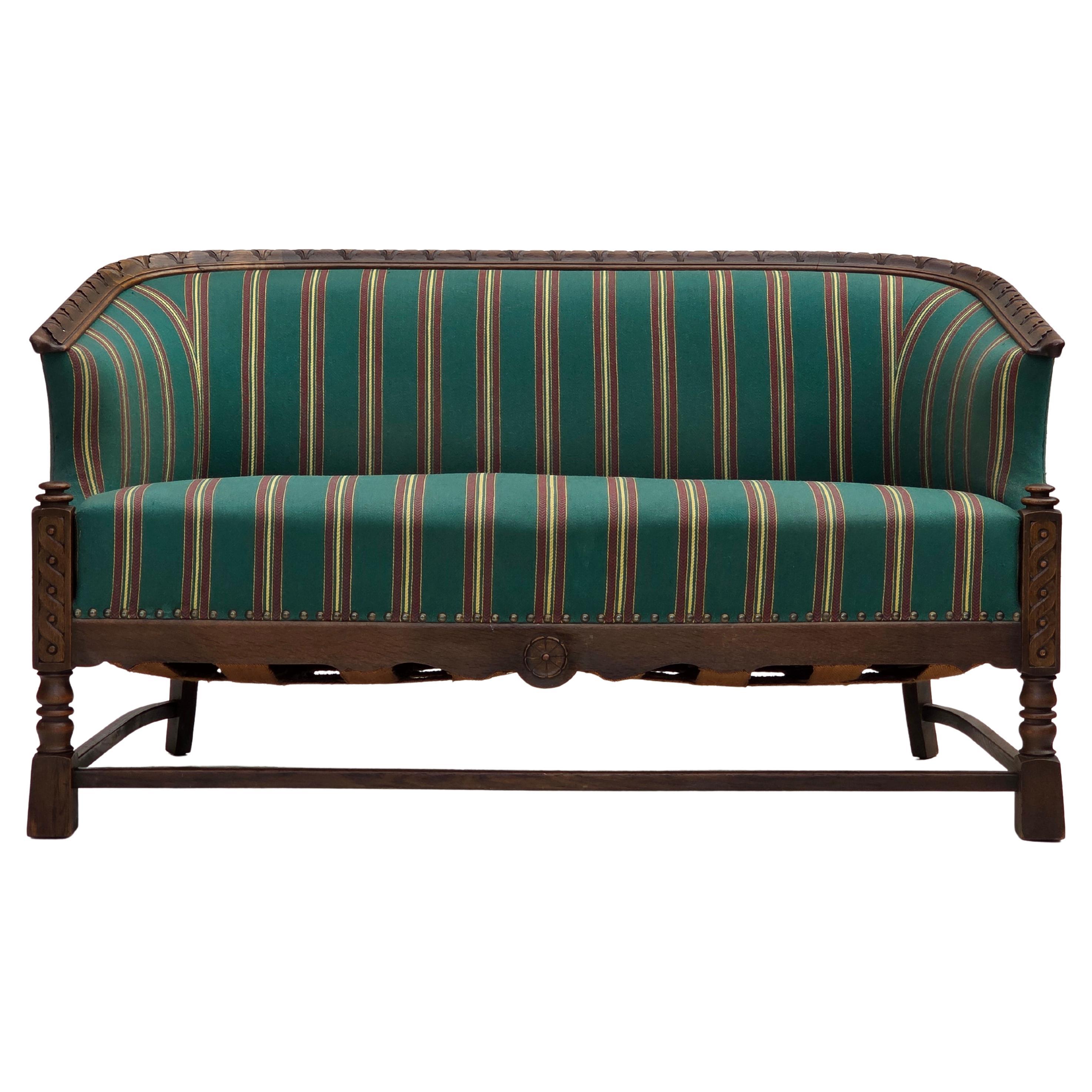 1950s, Danish 2-seater sofa, green furniture wool, oak wood.
