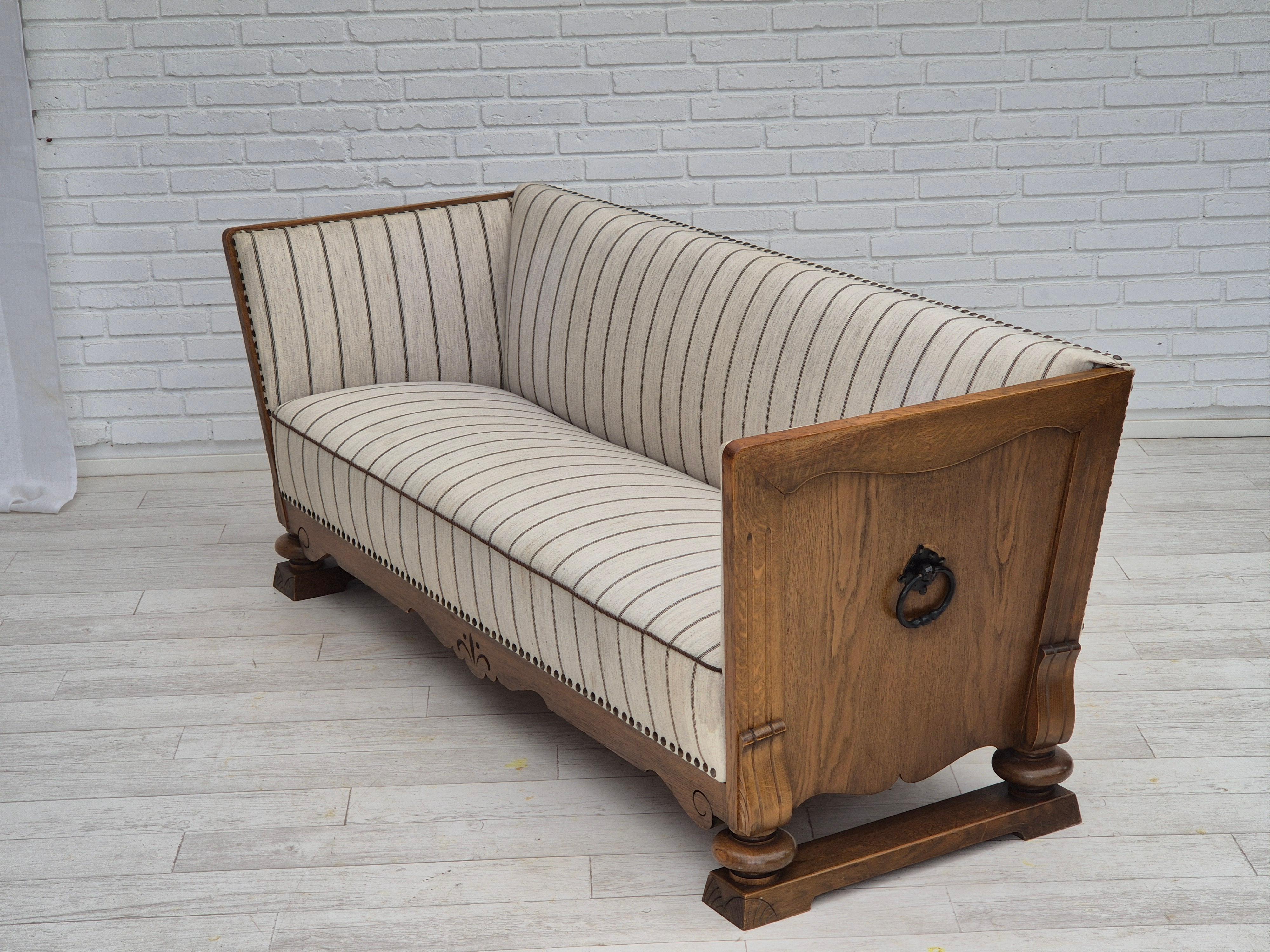 1950s, Danish 2 seater sofa in quality furniture wool, oak wood. For Sale 6