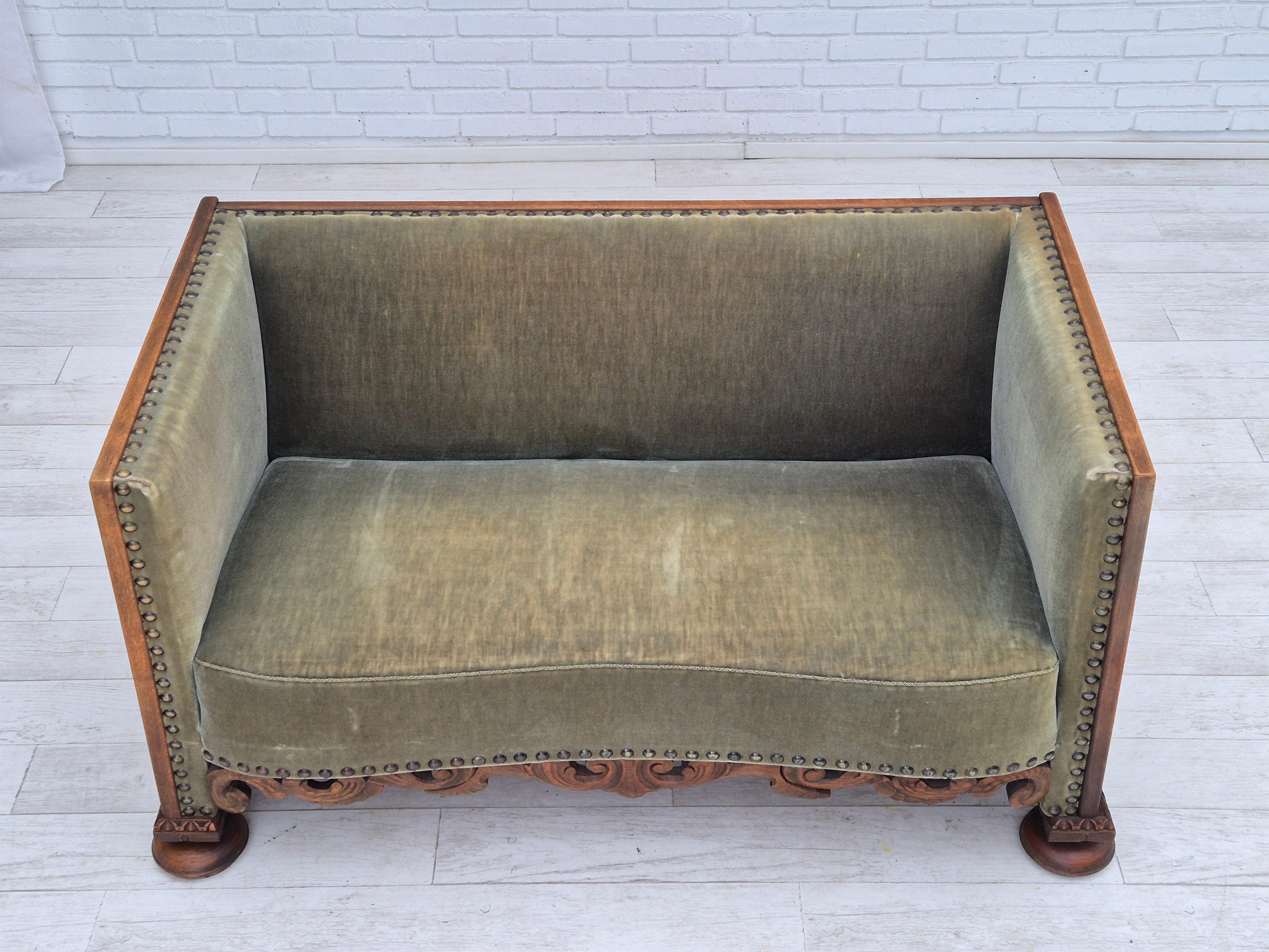 Scandinavian Modern 1950s, Danish 2 seater sofa, original condition, furniture velour, oak wood.